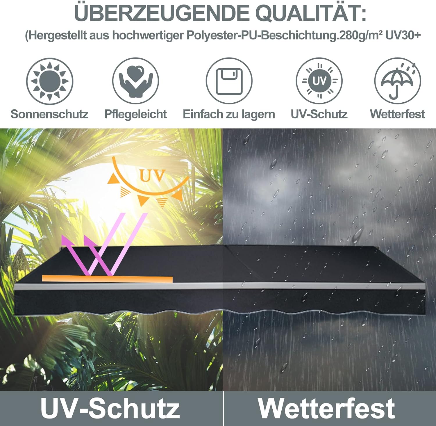 manuelle Gelenkarmmarkise 350 x 300 cm Markise Sonnenmarkise Sonnenschutz mit Kurbel, Anti-UV und wasserfest, Alu/Polyester für Balkon, Terrasse, Garten, Grau