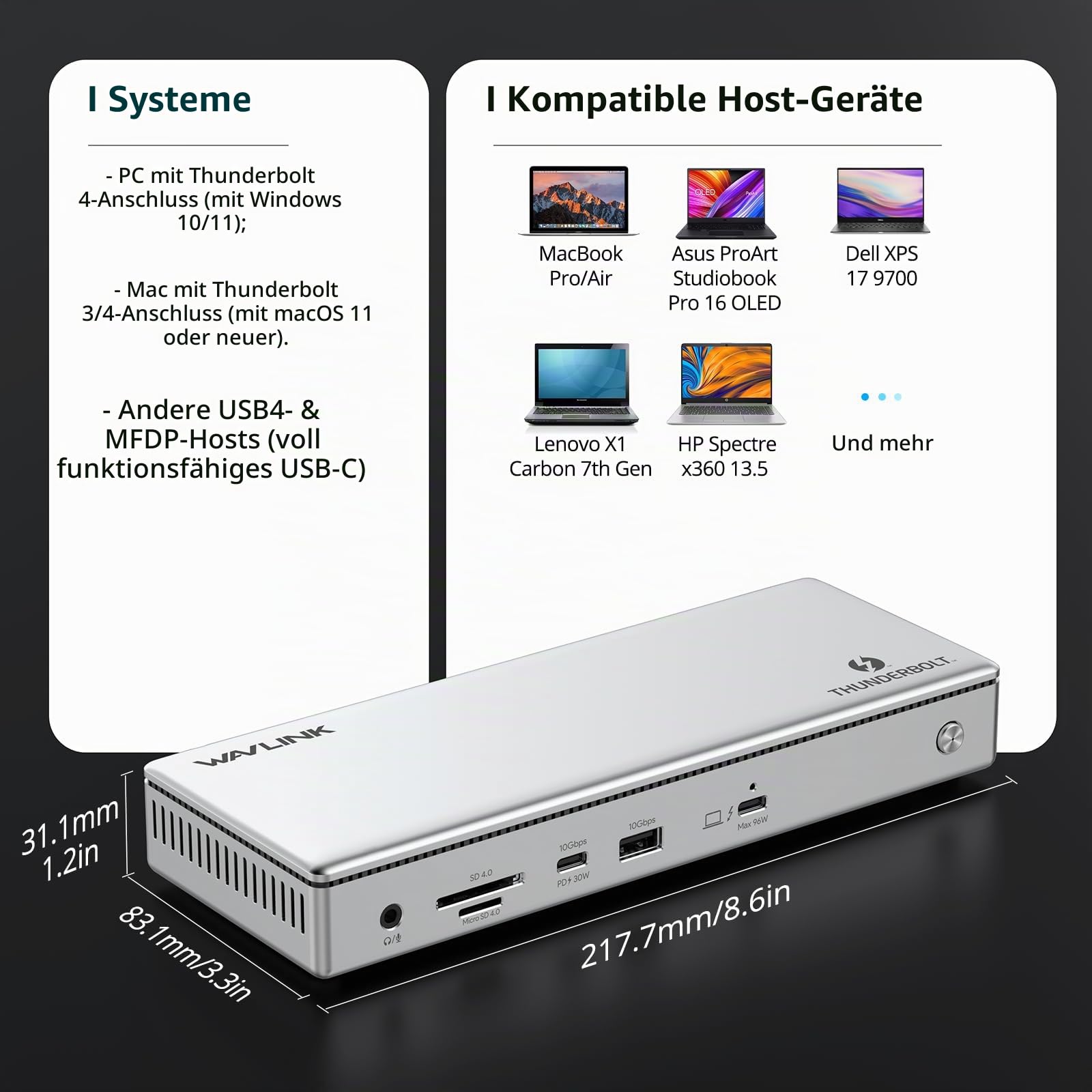 Thunderbolt 4 Dockingstation 13-in-1 mit 96W PD, 8K oder Triple 4K, 40 Gbit/s, 2.5G Ethernet und 10-Gbit/s-USB