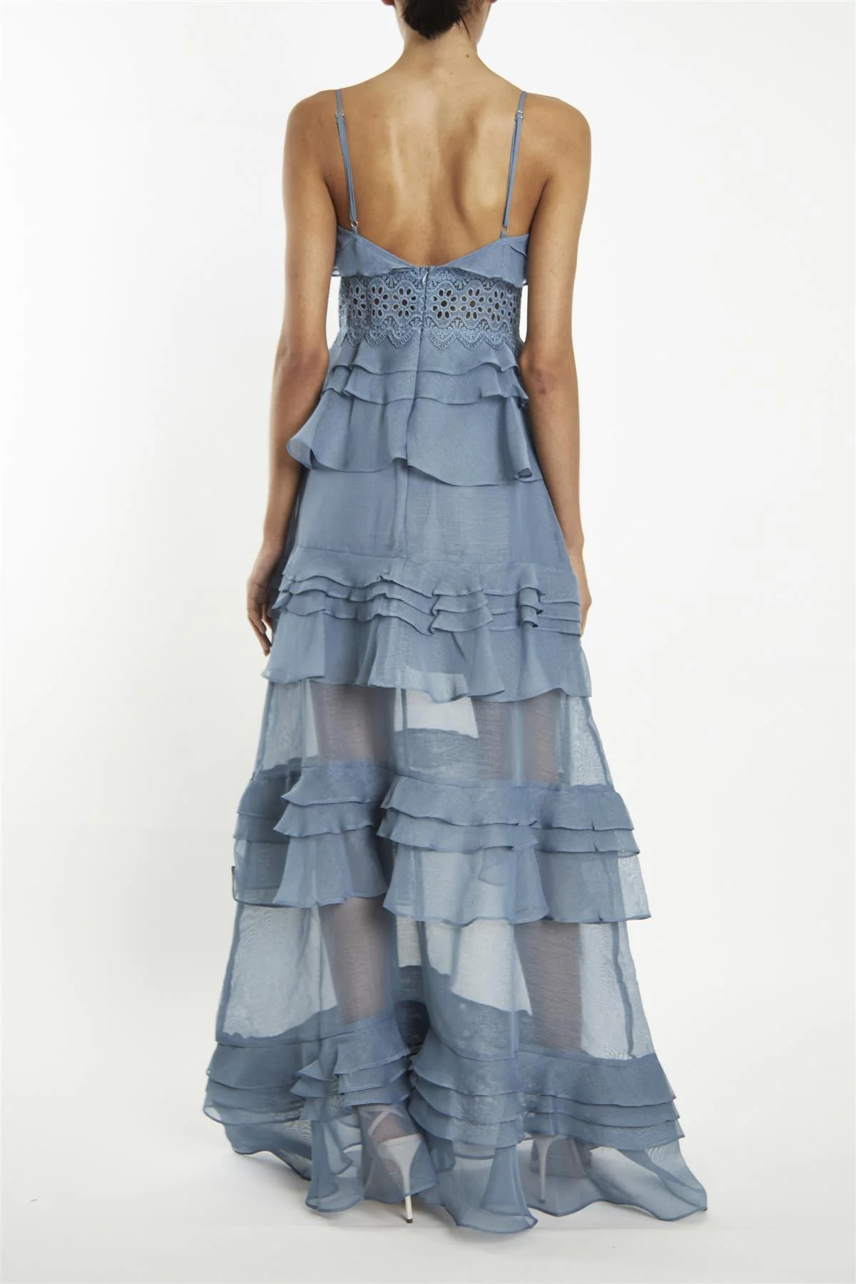 Sophia Mid Steel-Blue Plunge Front Tiered Ruffle Maxi-Dress