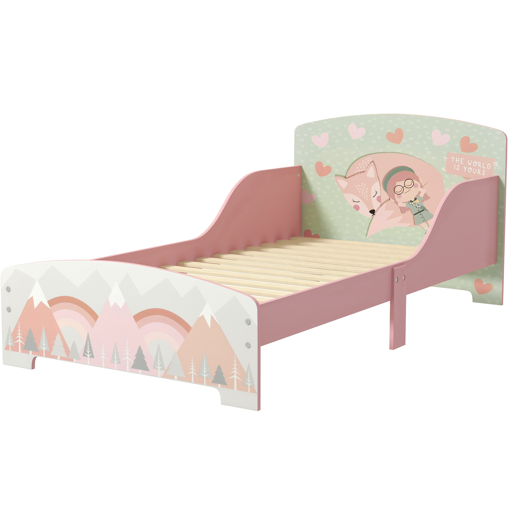 ZONEKIZ Kinderbett 3-6 Jahre mit Sicherheitsbarrieren und Mustern Abmessungen 77 x 143 x 60 cm Lattenrost inklusive - rosa
