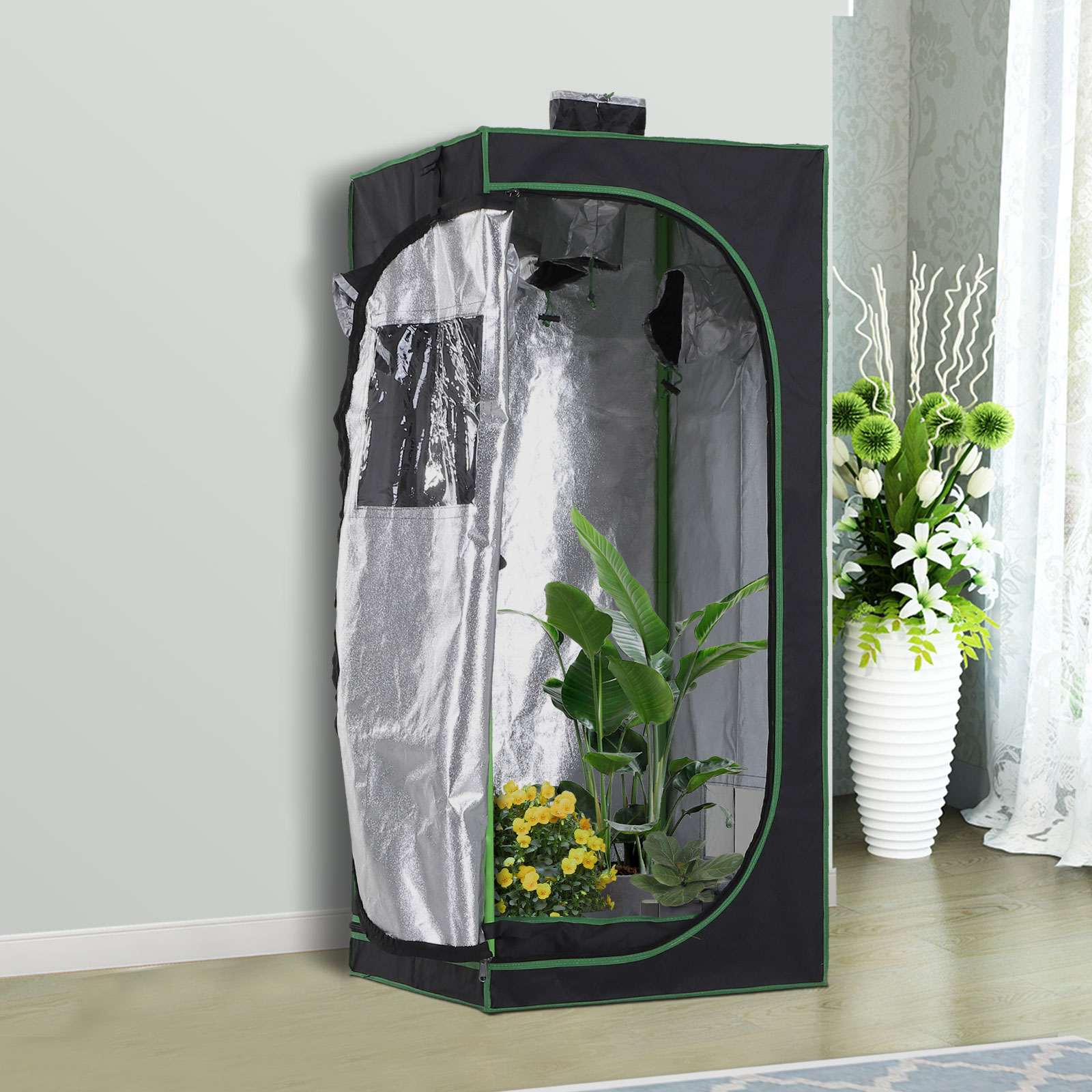 Outsunny Growbox Growzelt Growschrank Gewächshaus Zuchtschrank Pflanz 600D Oxford Tuch Stahl Schwarz+Grün 60 x 60 x 140 cm