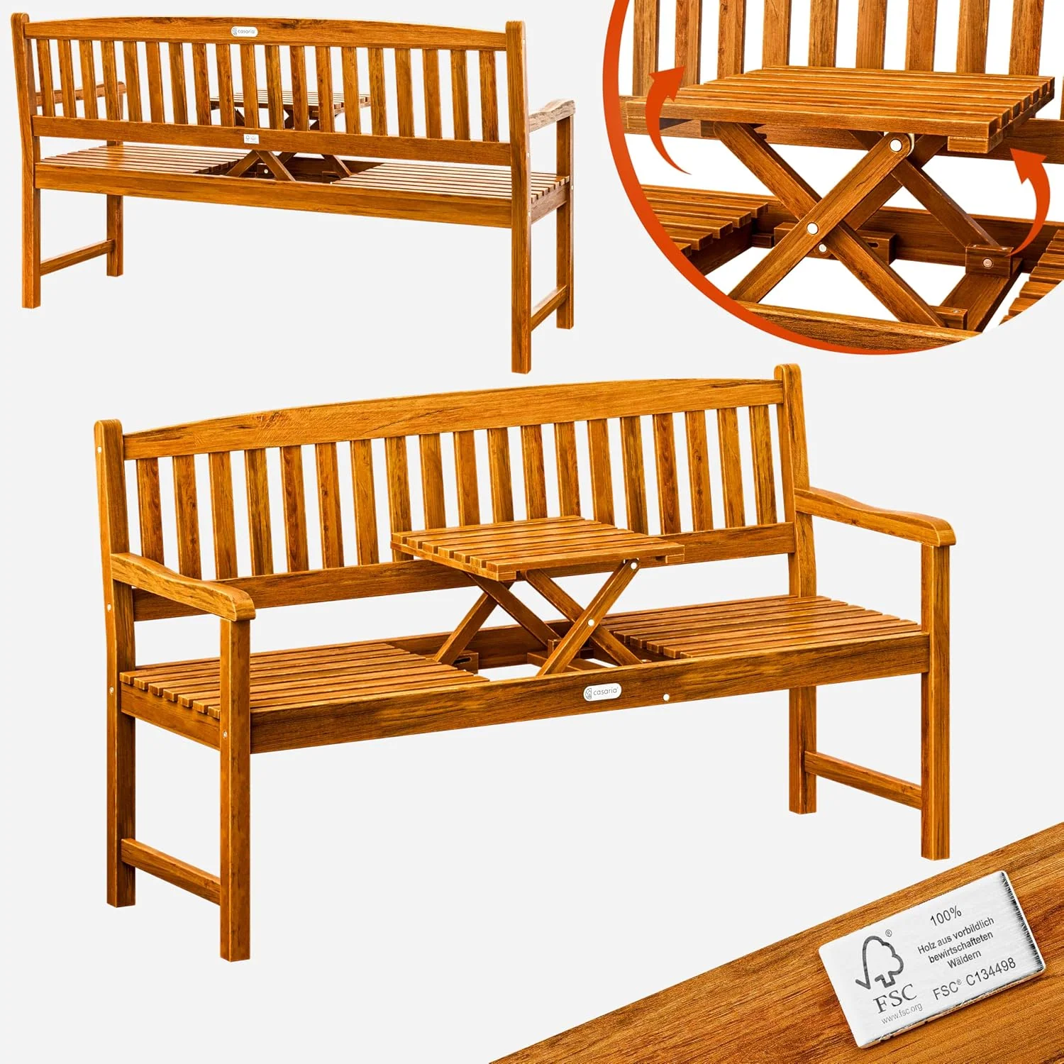 CASARIA Gartenbank Holz 3-Sitzer mit Klapptisch, 153 cm, FSC-Zertifiziert