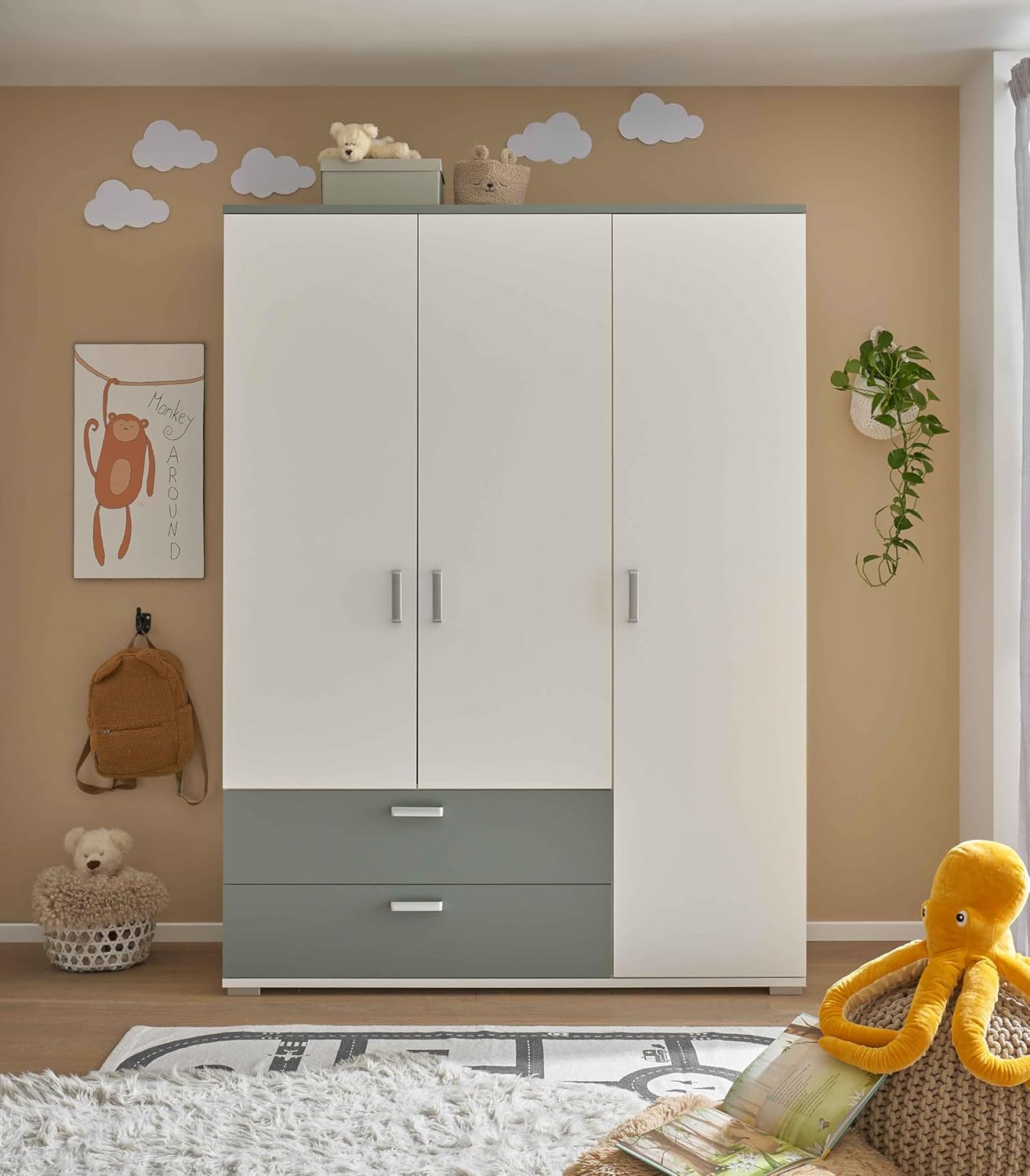 AVANTI TRENDSTORE - Barbania - Wardrobe with 3 hinged doors and 2 drawers, laminated wood. Available in Sage / White colour. Dimensions: approx. LAP 150 x 203 x 58 cm