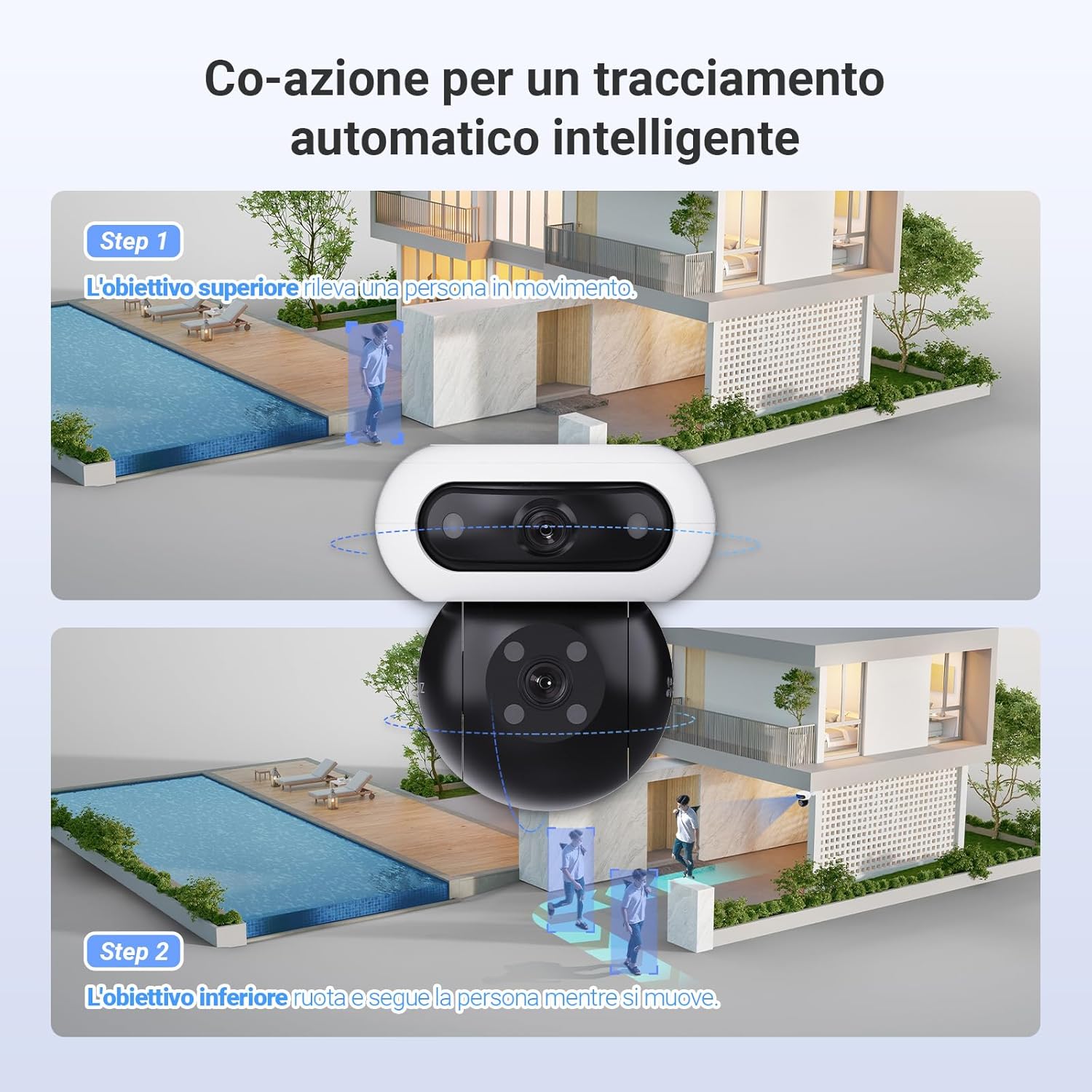 EZVIZ 8MP (4MP+4MP) Telecamera WiFi Esterno Batteria con Doppia Lente, Telecamera Solare per Esterni Senza Fili, Modalità AOV, Rilevamento di Persone/Veicoli, CB90 Dual+8W Pannello Solare