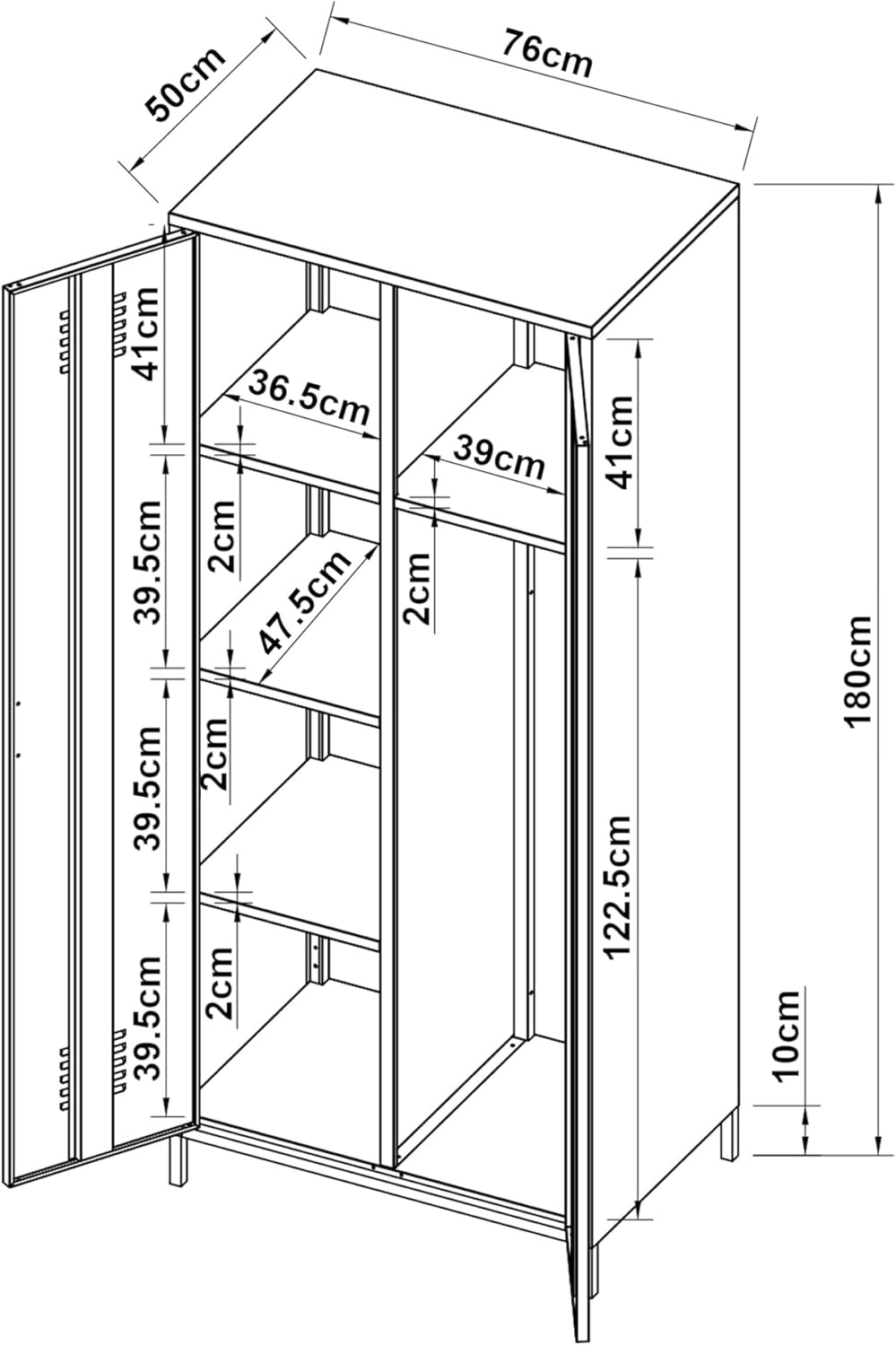 [en.casa] 2 Door Wardrobe with Clothes Space and Compartments Steel Wardrobe with Shelves for Bedroom Entrance 180 x 76 x 50 cm - White