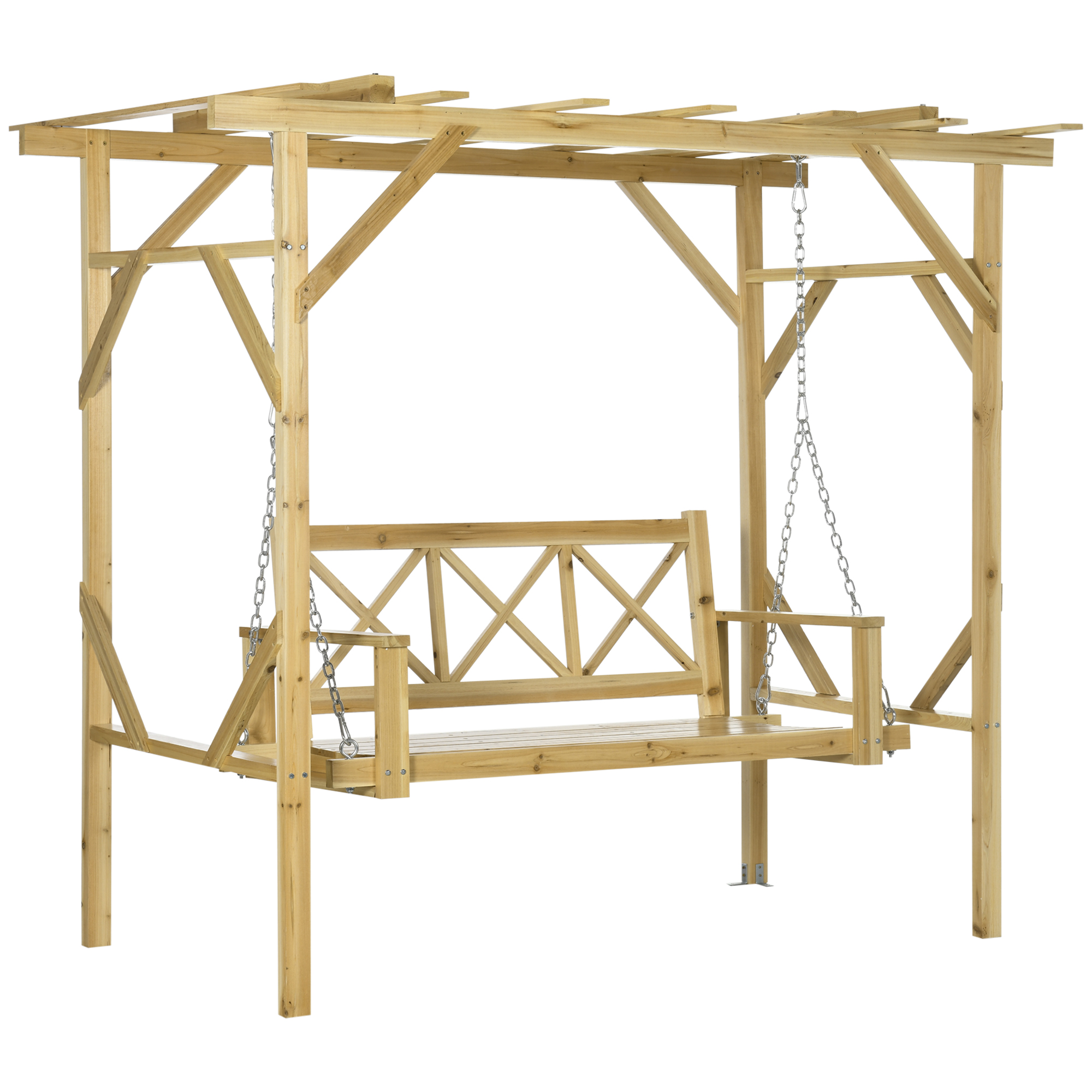 Outsunny Schaukelbank mit Pergola, für 2 Personen, höhenverstellbar, Massivholzrahmen, 2,21 x 1,40 x 1,96 m