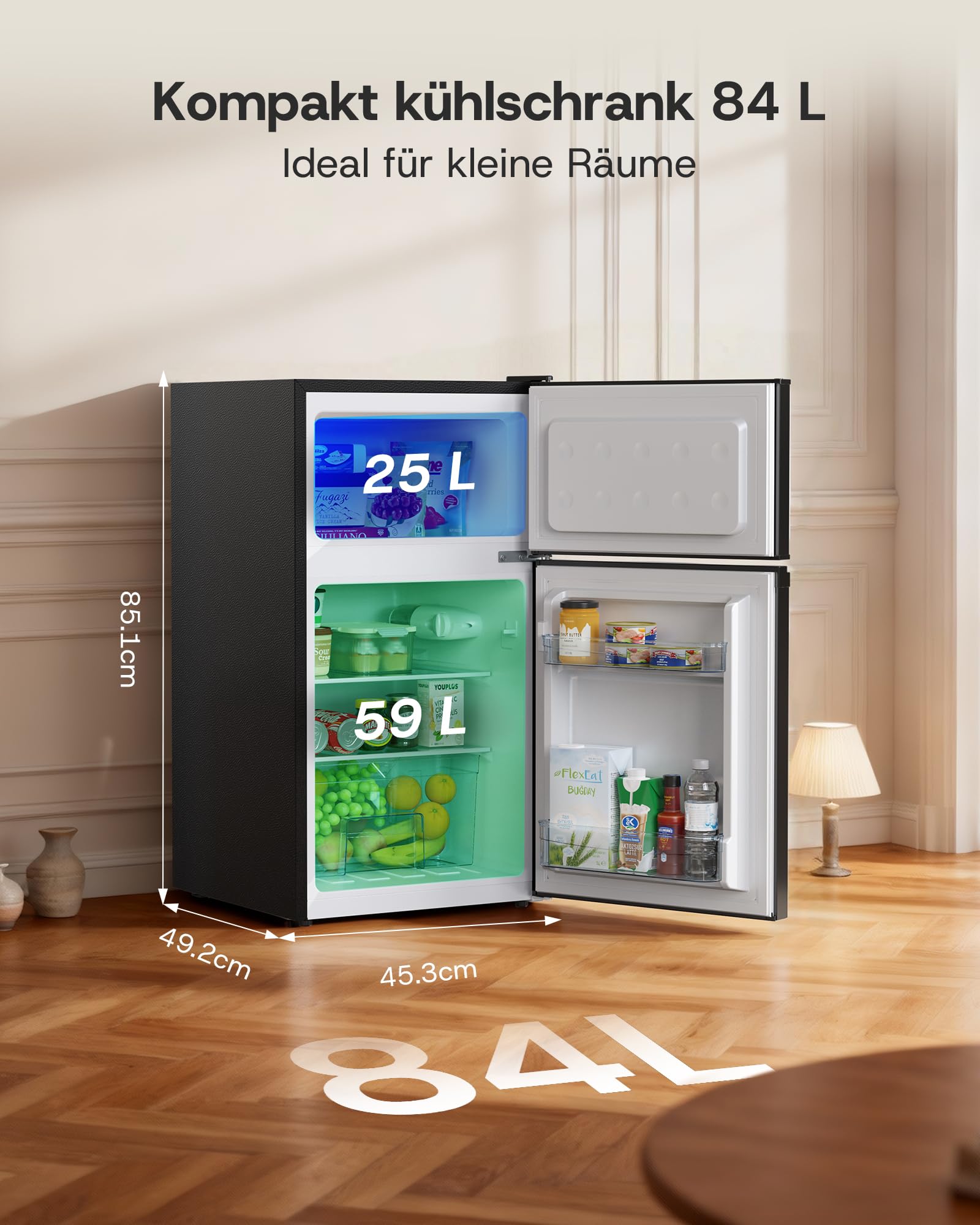 84L Kühl-Gefrierkombination, 59L Kühlfach und 25L 4-Sterne-Gefrierfach, freistehend, 220V, schwarz