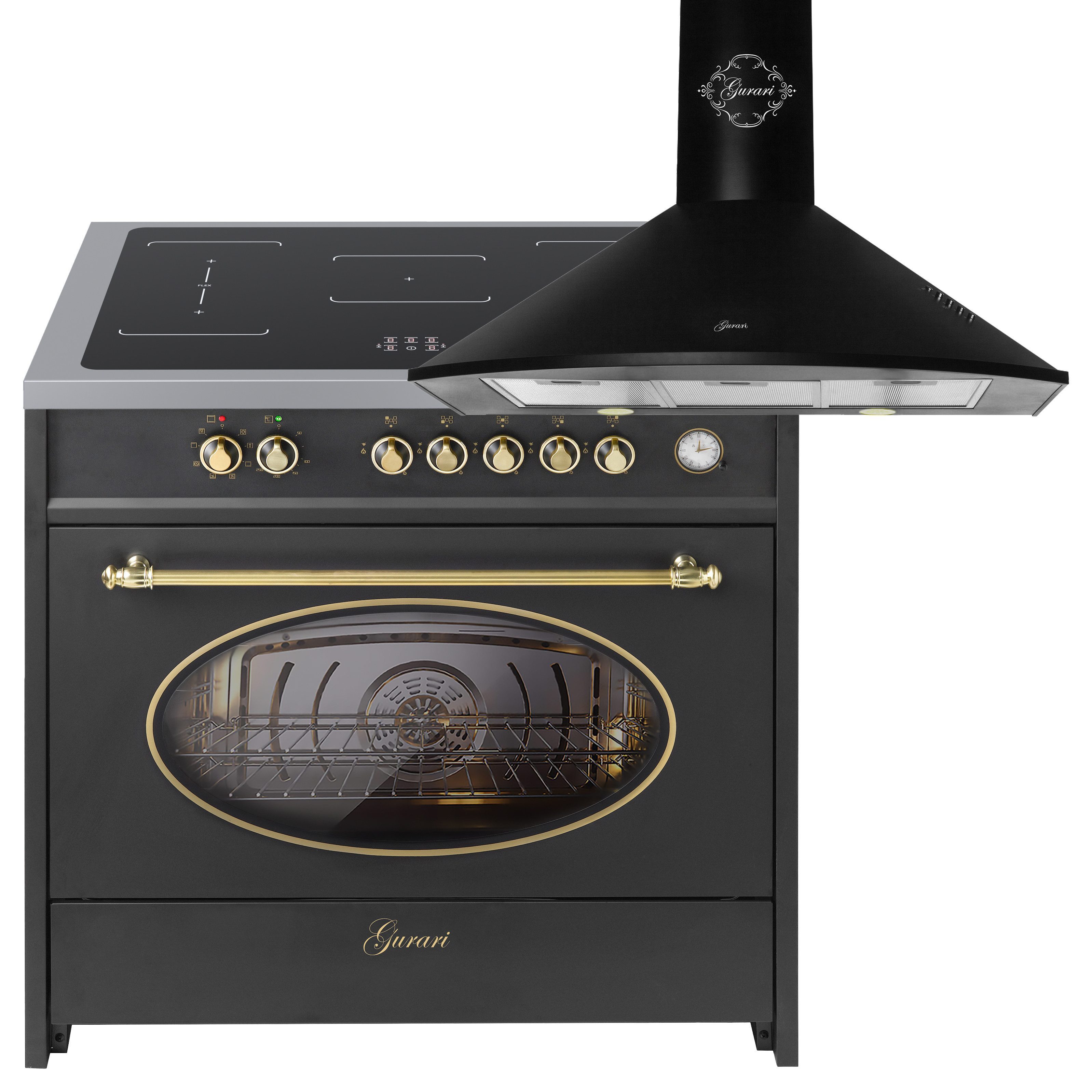 Induktions Herd-Set Retro Range Cooker 90 cm/ 121L+Dunstabzugshaube 90 cm E 913 RU BL+GCH 046 Bl 9.
