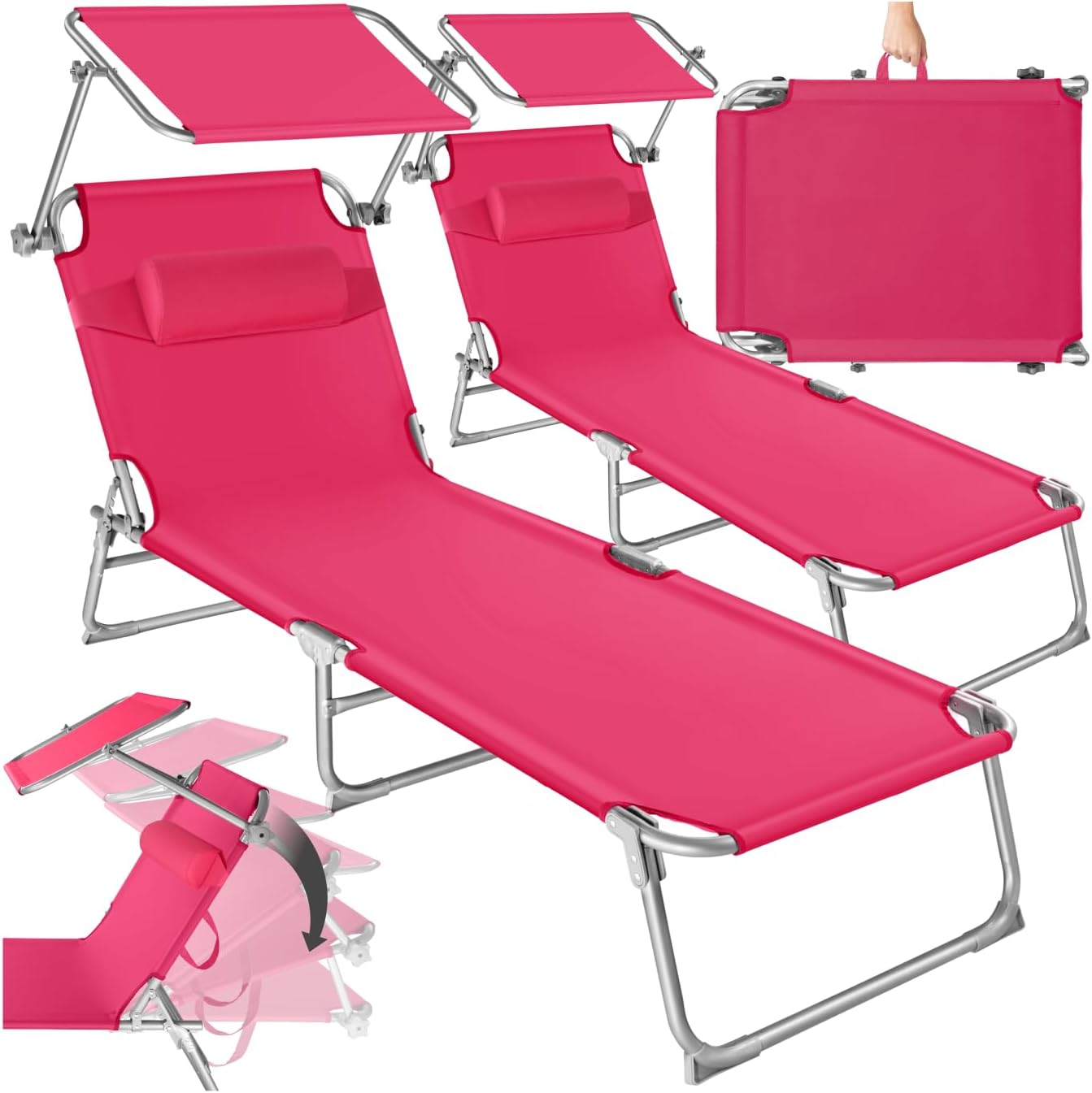 TecTake? Set of 2 Folding Sun Loungers, Folding Sun Loungers with Sunshade, Adjustable Backrest, 4 Positions, Durable Coating, Garden Beach Sun Loungers Sea – Grey