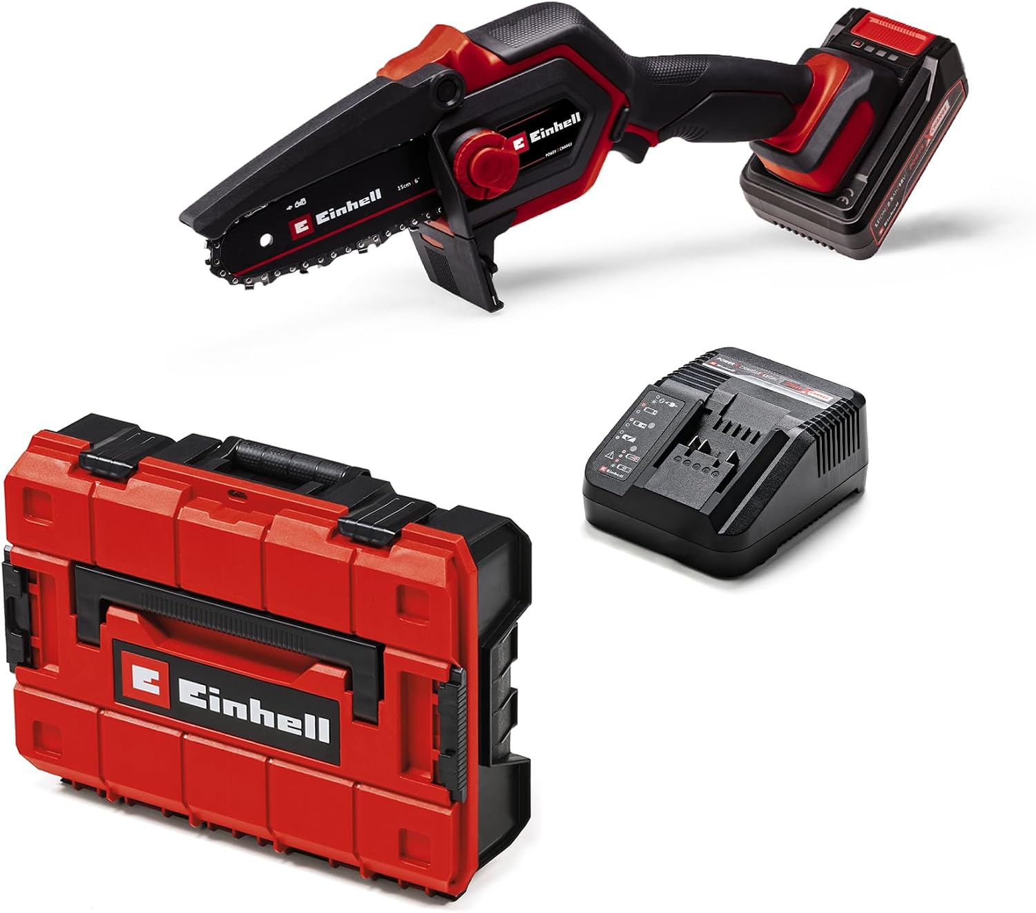 Einhell Sega a catena a batteria GE-PS 18/15 Li BL Kit Power X-Change (18 V, brushless, lunghezza di taglio 12,5 cm, cambio spada/catena senza attrezzi, batteria da 2,5 Ah, caricabatterie, E-Case S-F)