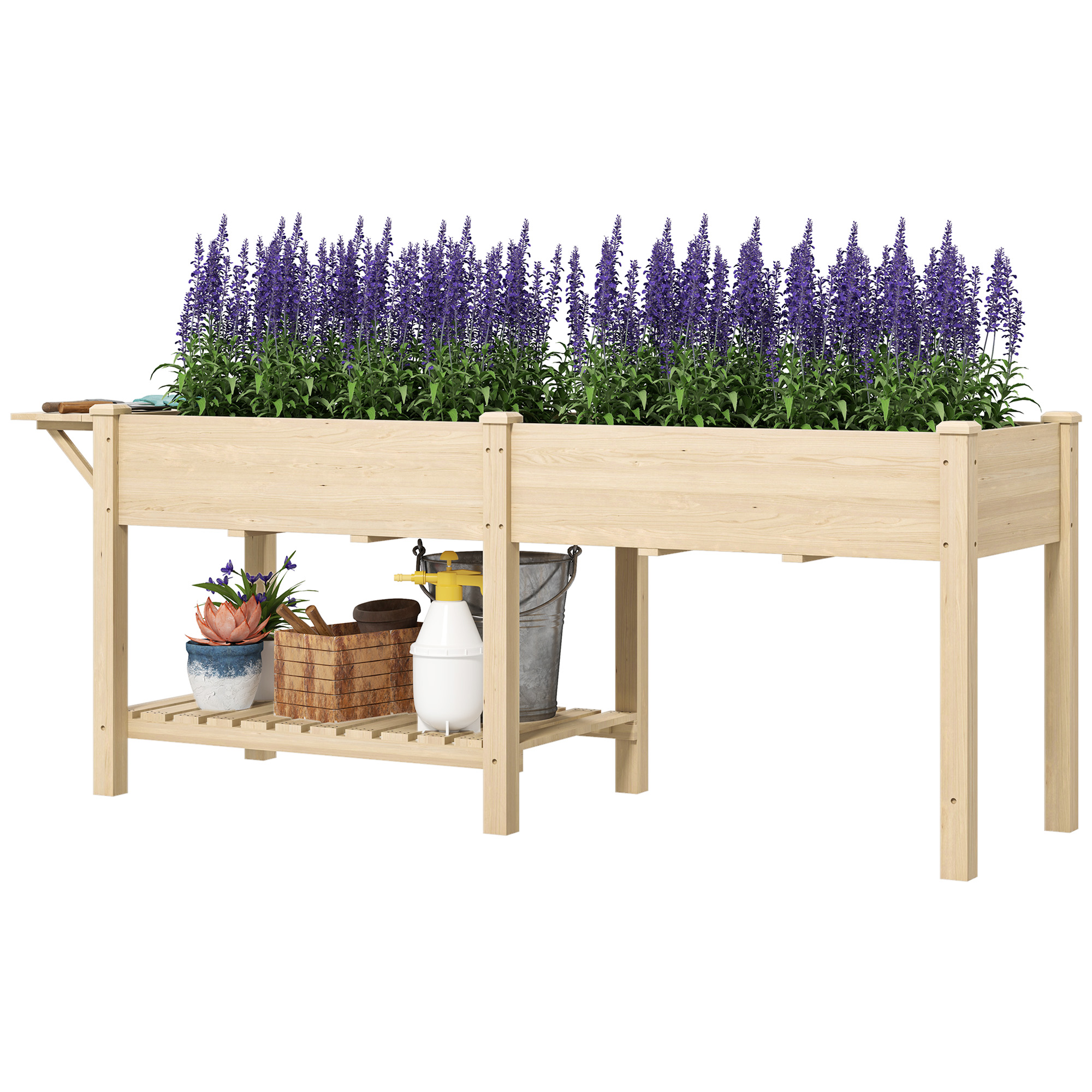 Outsunny Hochbeet, Erhöhter Pflanzkübel aus Holz mit unterem Regal, robuste Konstruktion, Ablauflöcher, 207x59x78 cm Naturholz