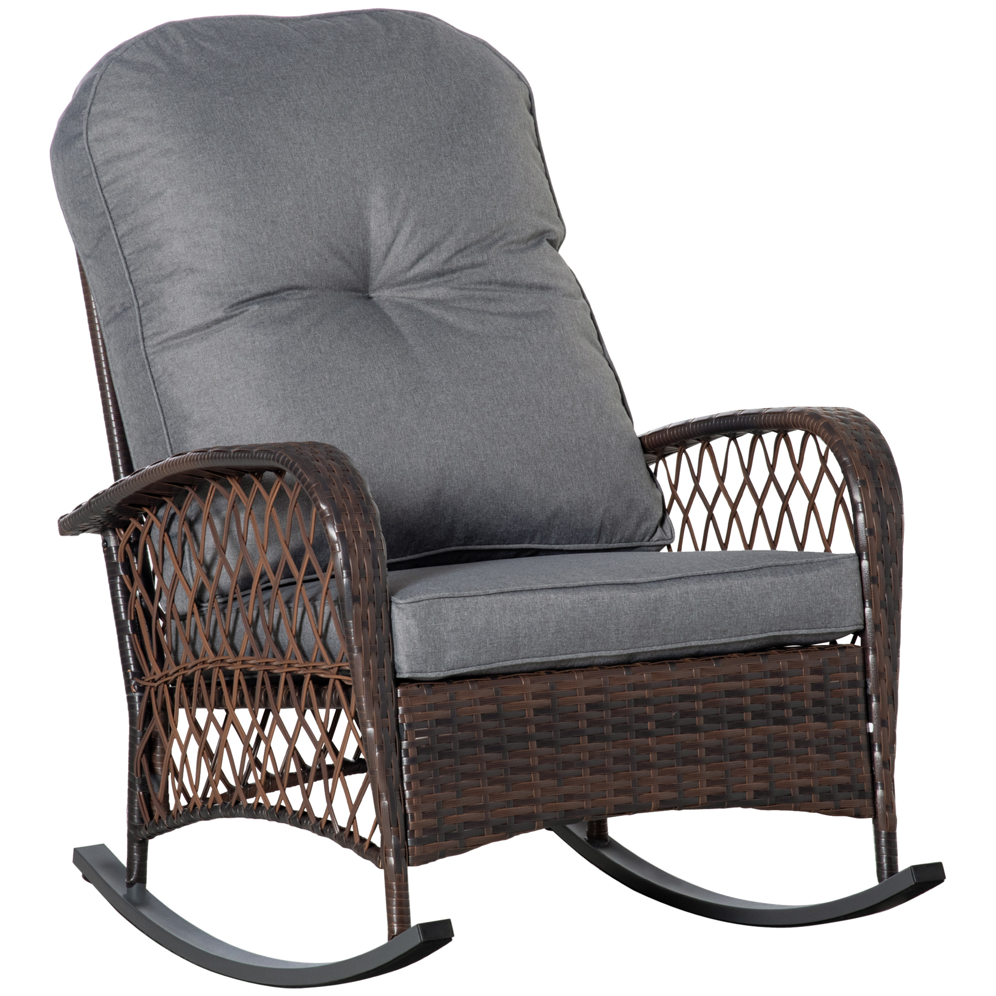 Outsunny Schaukelstuhl Polster mit Knopfheftung PE-Rattan Stahl Braun + Grau
