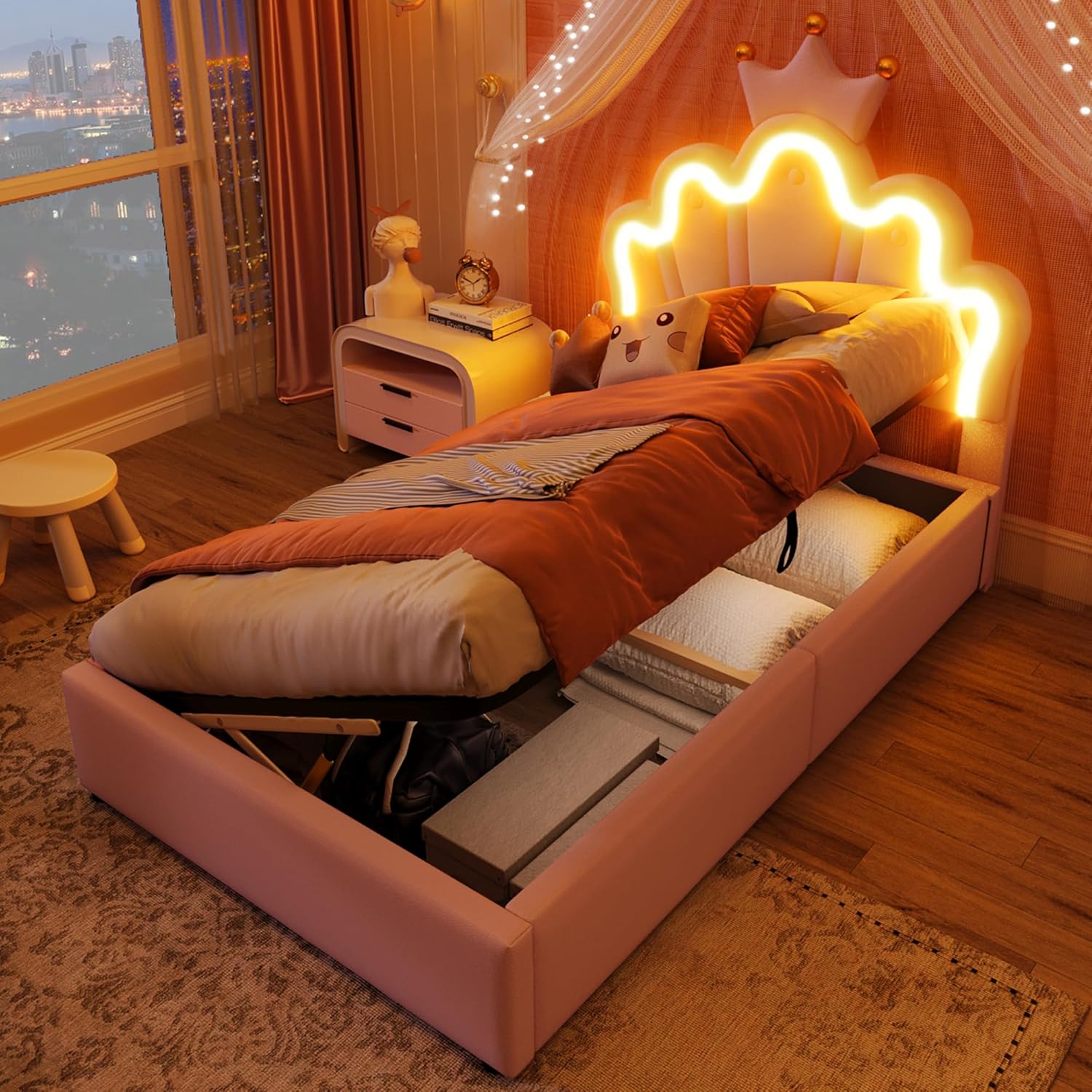 Kebnor Letto imbottito, senza materasso, striscia luminosa a LED, con meccanismo di sollevamento idraulico, letto da principessa a forma di corona, testiera regolabile, PU (90 x 200 cm, rosa)