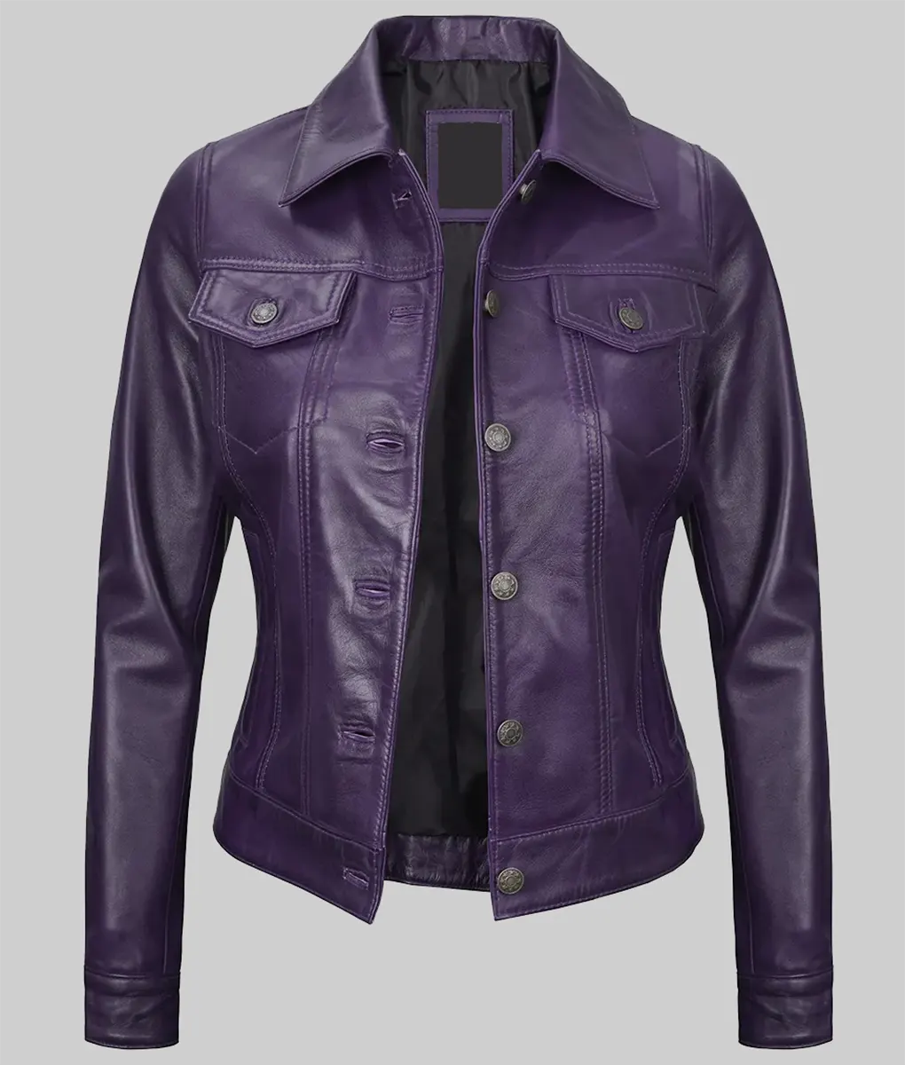Nerissa Purple Leather Trucker Jacket