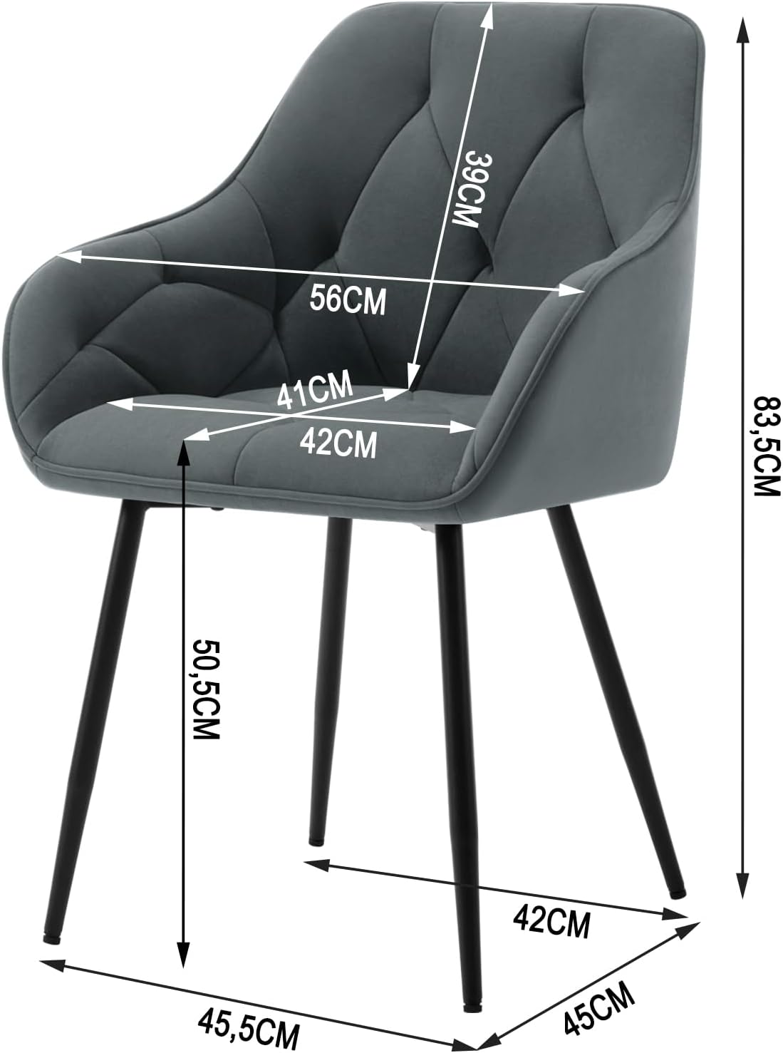 WOLTU Set di 6 Sedie da Pranzo con Braccioli e Schienale, Sedie Cucina Moderna in Velluto, Poltrone da Salotto con Gambe in Metallo, Sedie ergonomiche per Ufficio, Bar, Grigio Scuro, EZS02dgr-6