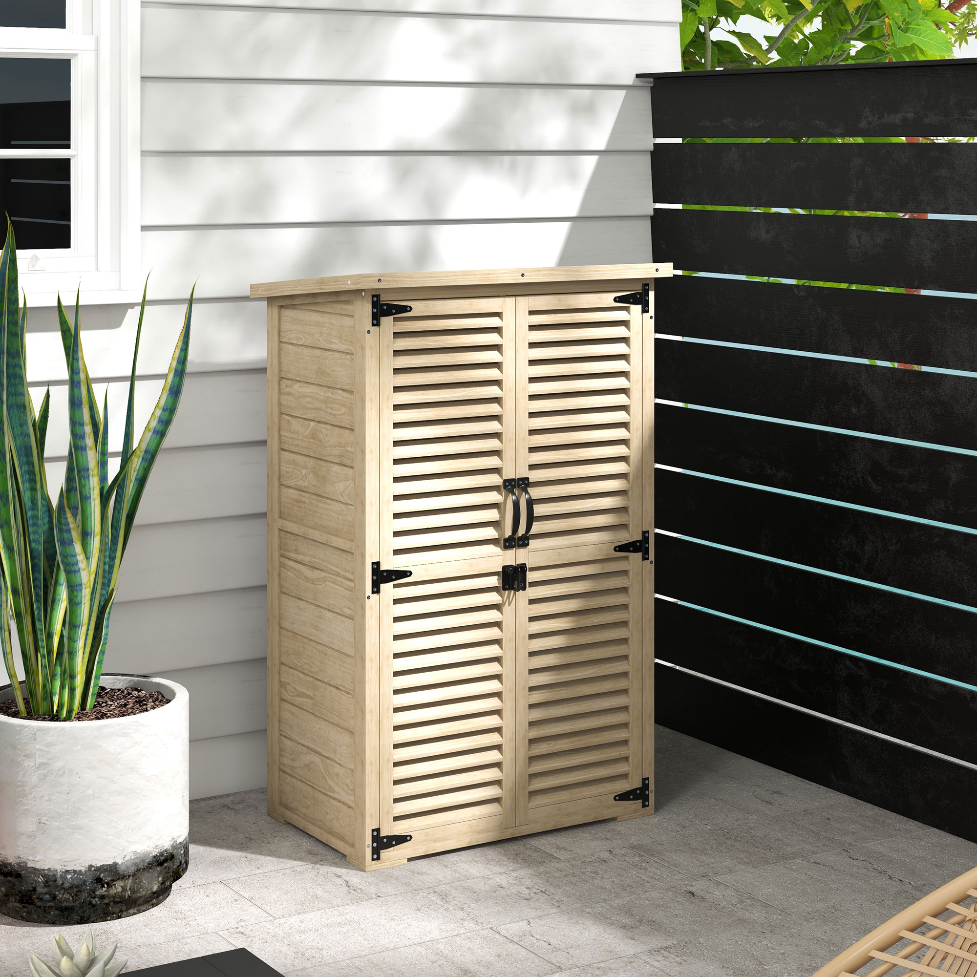 Outsunny Gartenschrank Geräteschuppen aus Holz 2 Regale Bitumendach Lamellentüren abschließbar 75 x 50 x 118