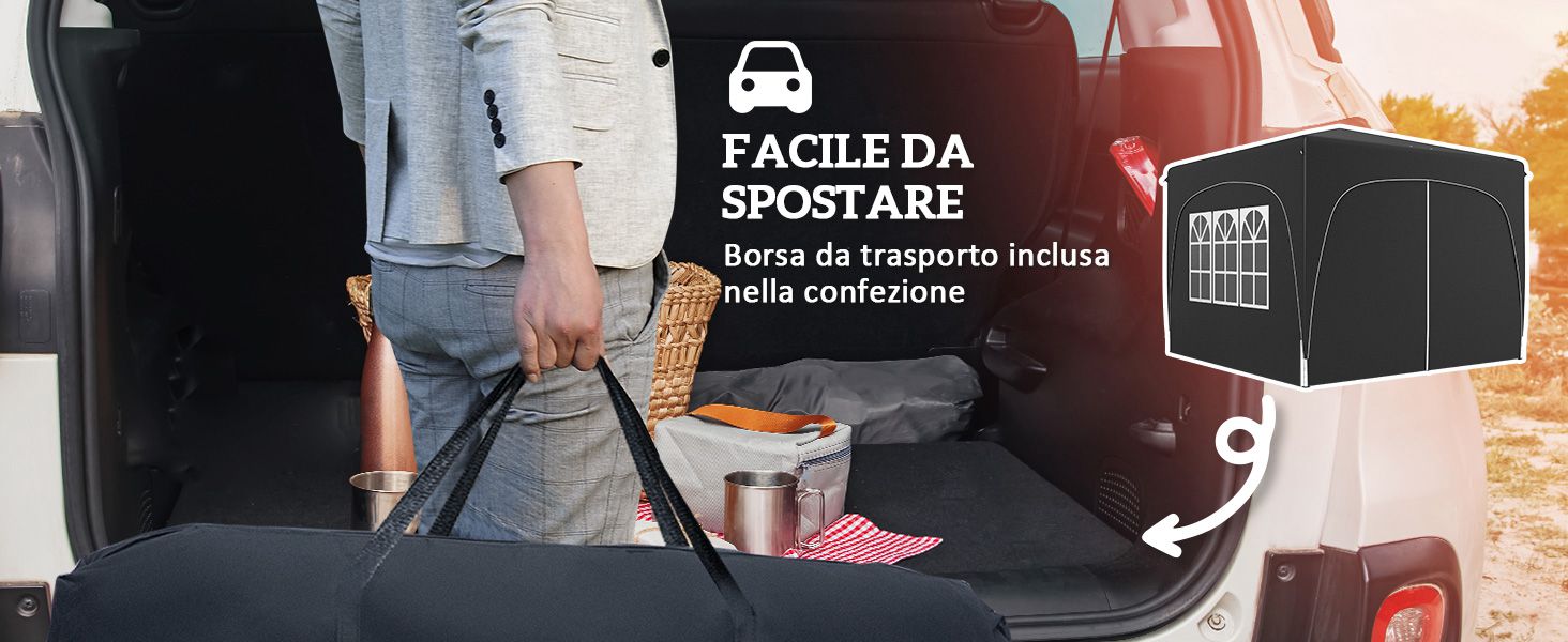 Caricamento del carico nel bagagliaio dell'auto con testo 'Facile da spostare' e icona che mostra la borsa da trasporto inclusa. Contenitore portaoggetti nero visibile