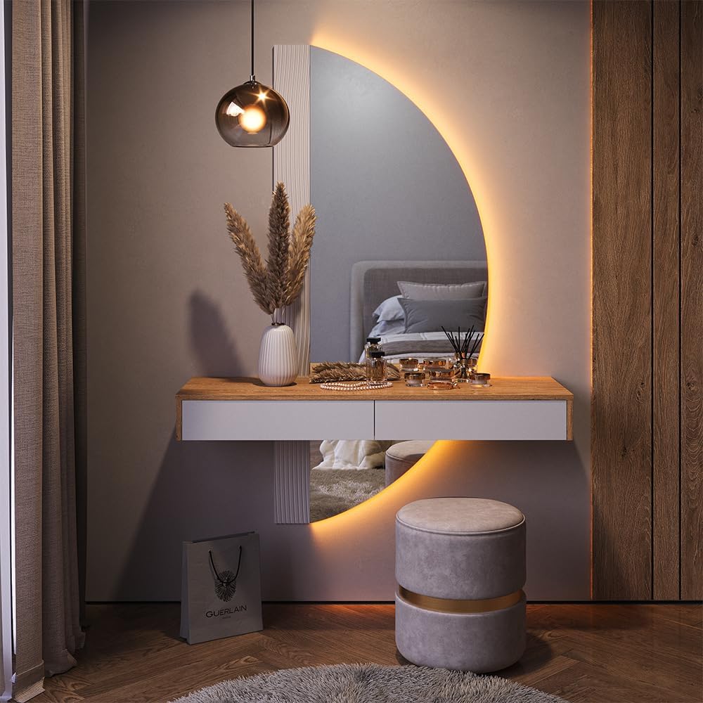 Vicco Melisa Dressing Table, Oak/White, 120 cm with LED Lighting