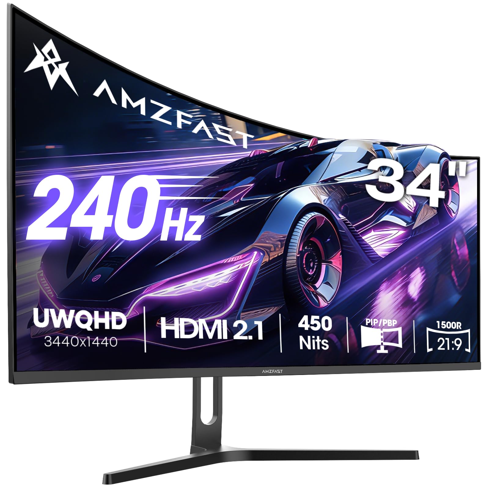 Amzfast 34 Zoll Curved Gaming Monitor 3440x1440 UWQHD 240Hz 1ms 1500R Adaptive Sync HDMI2.1 DP1.4 AMZG34C5QPro