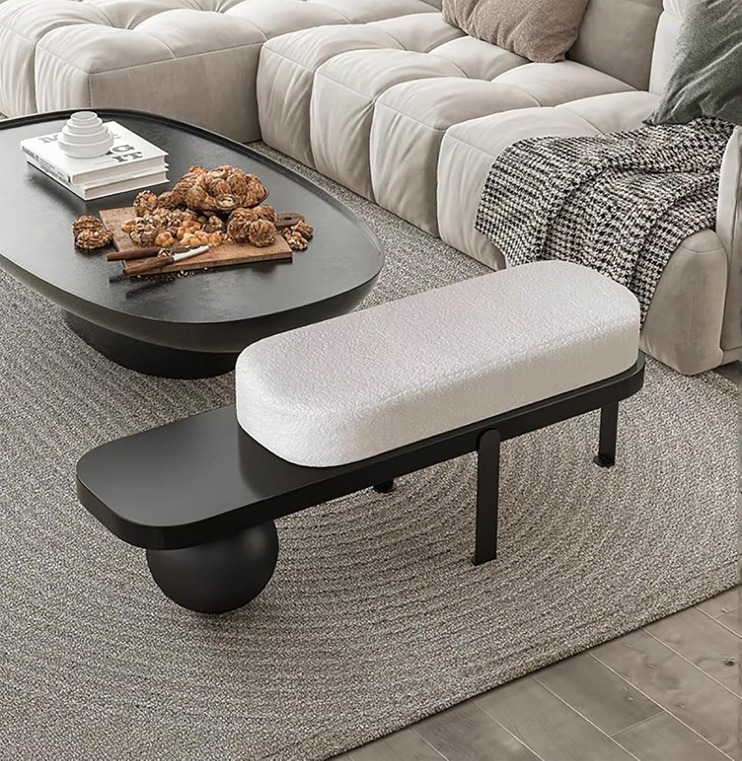Eingangsbank aus Holz mit gepolstertem Design und abstrakten Metallbeinen, vielseitige Schuhwickelbank für Wohnzimmer und Schlafzimmer