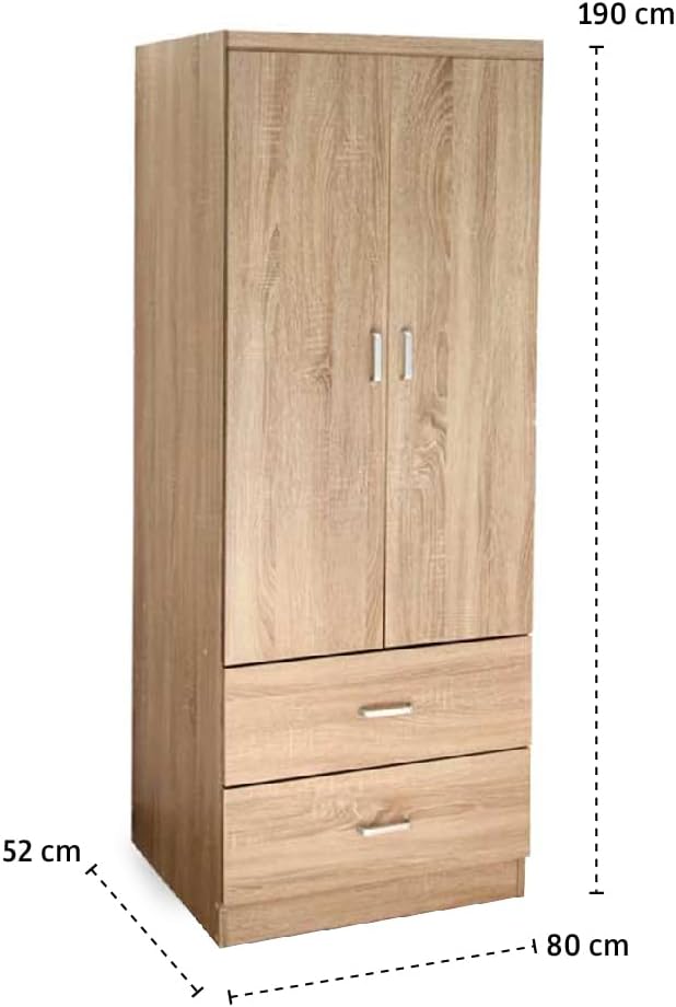 Armadio 2 Ante e 2 Cassetti - Struttura in Legno Truciolare, Guardaroba, Moderno, Asta Appendiabiti, con Maniglie, Spazioso, Organizzatore Vestiti - 80 x 52 x 190 cm (Rovere Naturale)