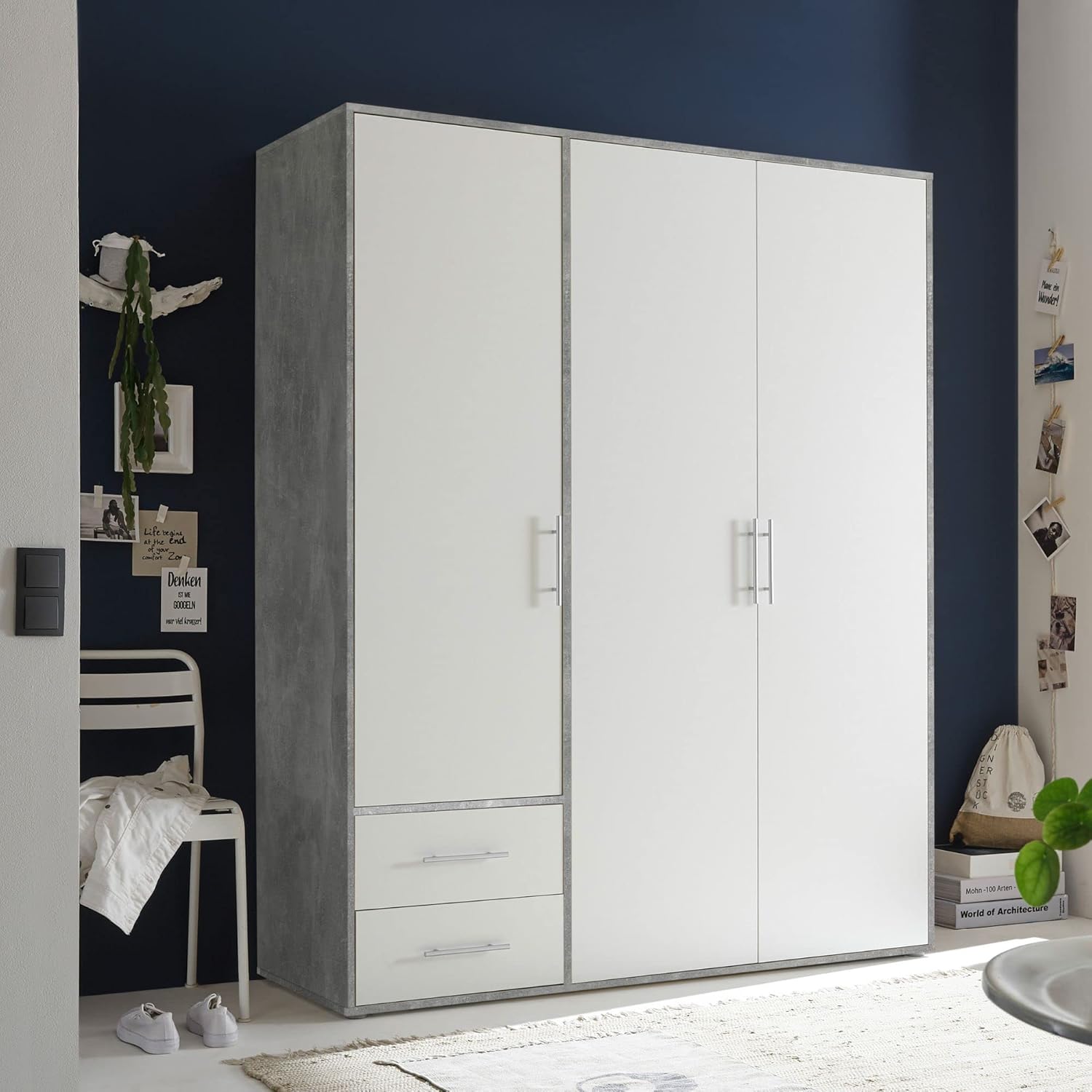VALENCIA White Concrete Effect Wardrobe with 3 Doors Very Large Capacity Versatile with Hinged Doors for Your Bedroom, 155 x 195 x 60 cm, W x H x D