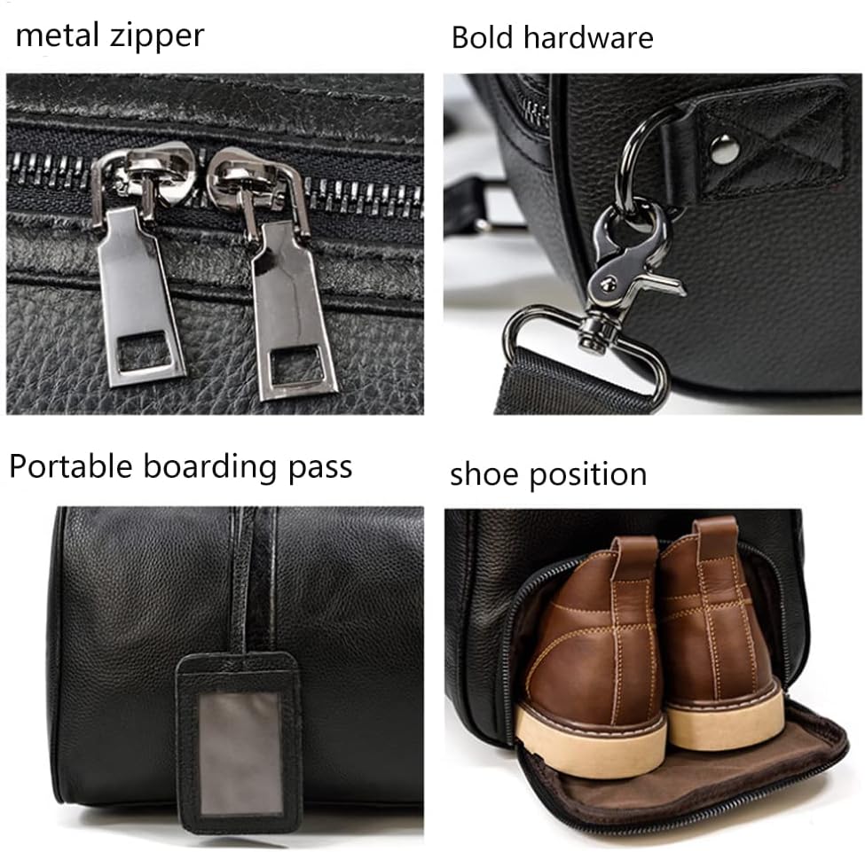 Herren-Reisetasche, Herren-Reisetasche aus echtem Leder, Retro-Handtasche, große Kapazität, Sporttasche, Platz-Gepäcktasche, mit Schuhposition 18 Zoll, Schwarz, Einheitsgröße
