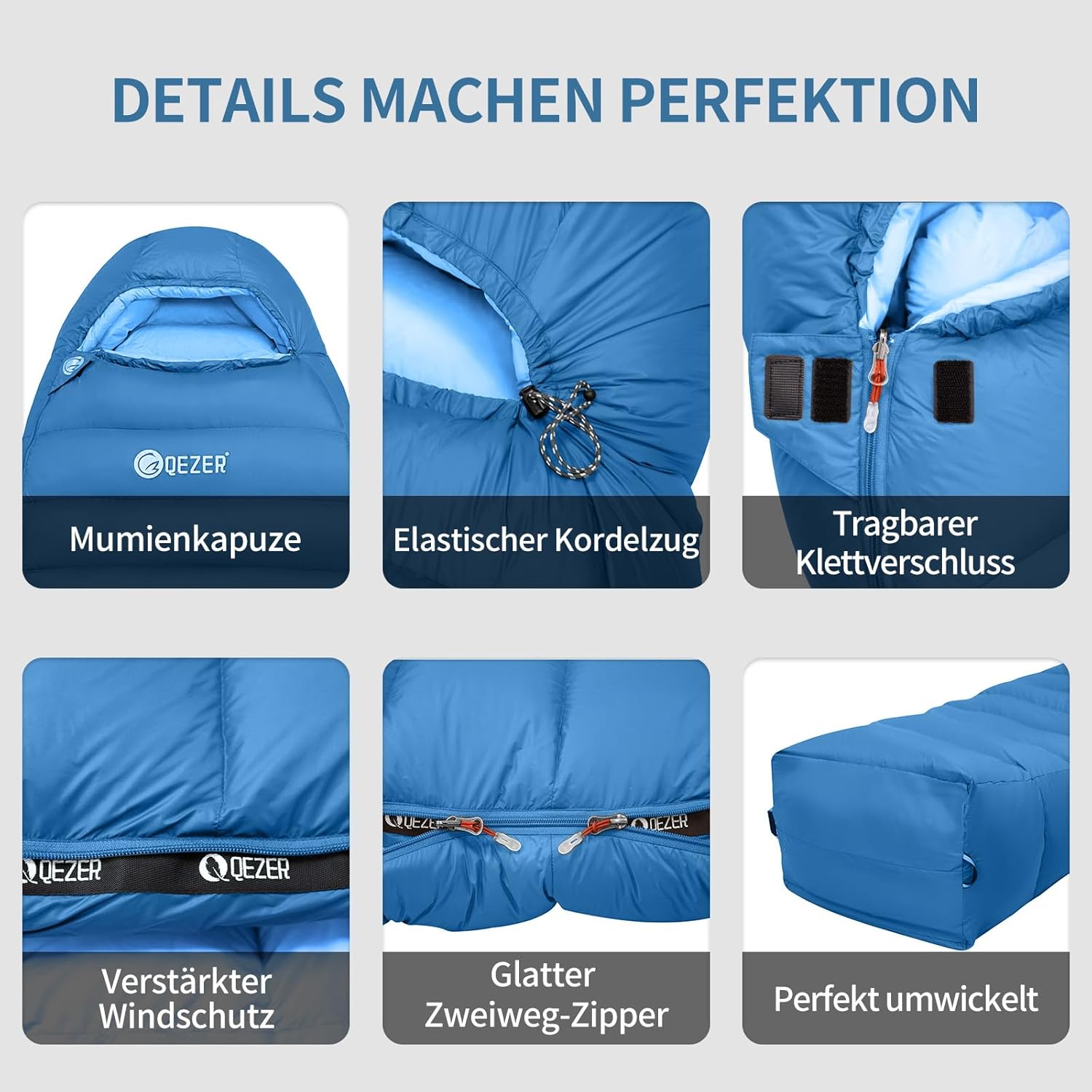 Daunenschlafsack, Winterschlafsack, gefüllt mit 650er Entendaunen. RDS-Zertifiziert. Geeignet für Temperaturen von 8 °C bis -30 °C, ideal zum Campen und Bergsteigen.