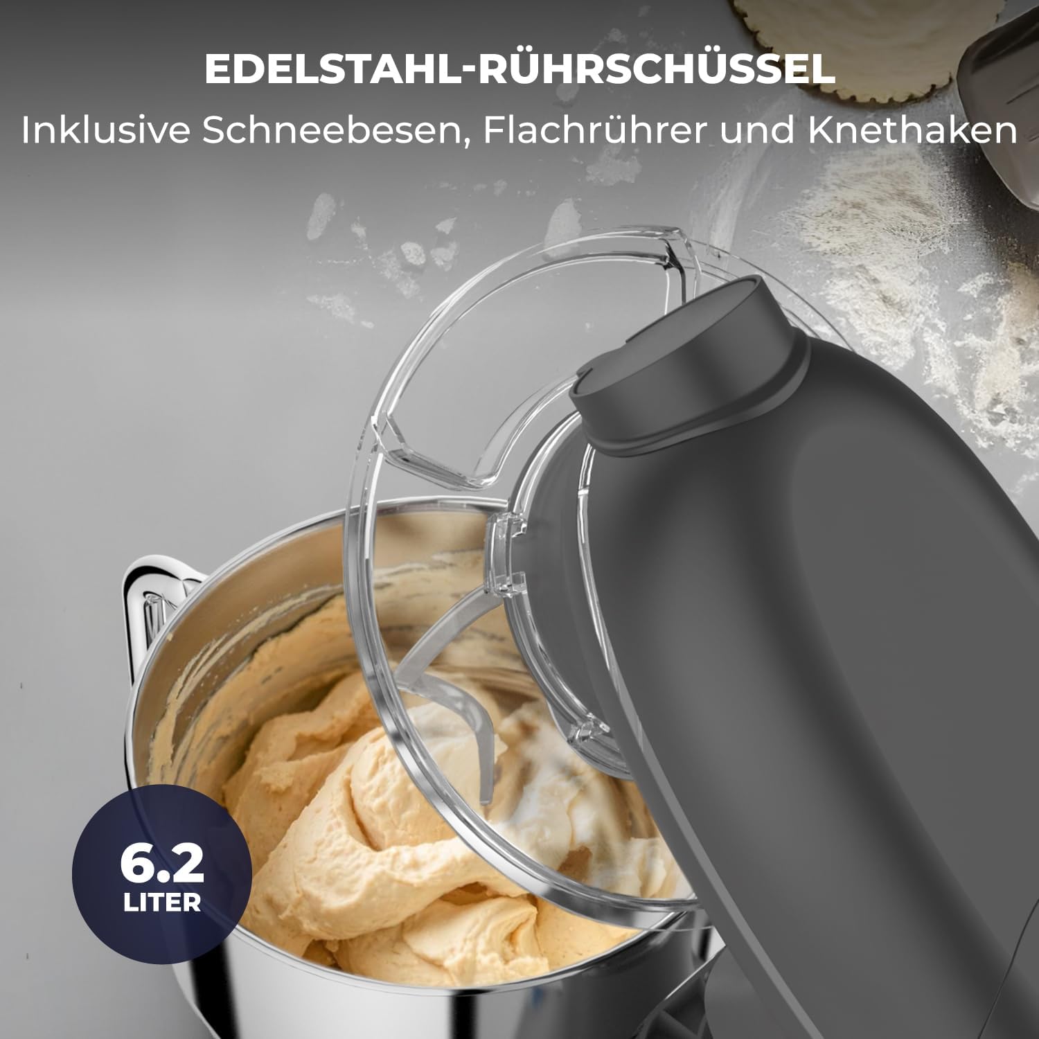 6-in-1 Küchenmaschine – 2000W – Mit Fleischwolf, 1,5L Entsafter, Gemüseschneider und Mehr – Knetmaschine mit 6,2L Rührschüssel, Rührhaken, Knethaken, Schlagbesen und Spritzschutz (Anthrazit)