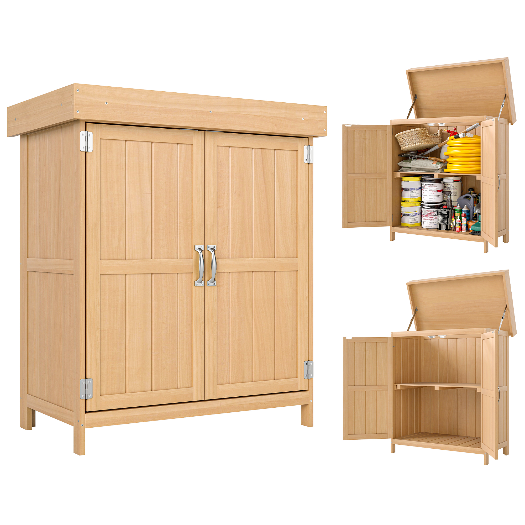 Outsunny Gartenschrank Tannenholz, Geräteschuppen wetterfest 74x43x88cm, Gerätehaus mit Doppeltür, 2 Fächern, Geräteschrank, Gartenhaus Werkzeugschrank Gartenschuppen für Garten, Terrasse, Natur