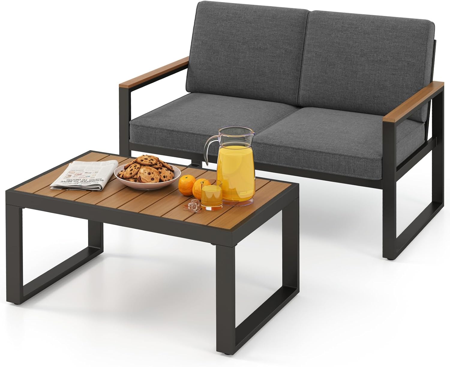 COSTWAY 2 Piece Aluminium Garden Set Garden Table and Armchair Set, Outdoor Conversation Set, Padded Sectional Sofa with Coffee Table, Patio Balcony