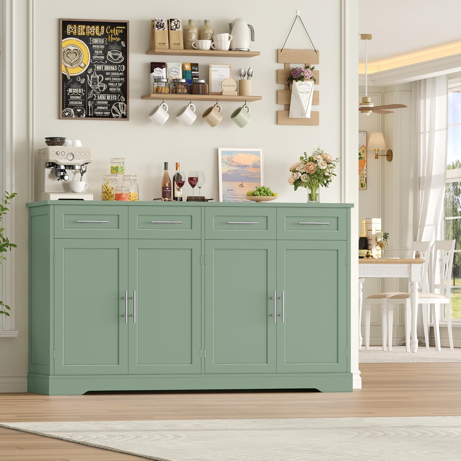 HOCSOK Credenza Cucina, 150 cm Madia Cucina con 4 Cassetti 4 Ante, Credenza Soggiorno con Maniglie in Metallo per Soggiorno, sala da pranzo, Ingresso, Mobile TV, 150×92×40 cm
