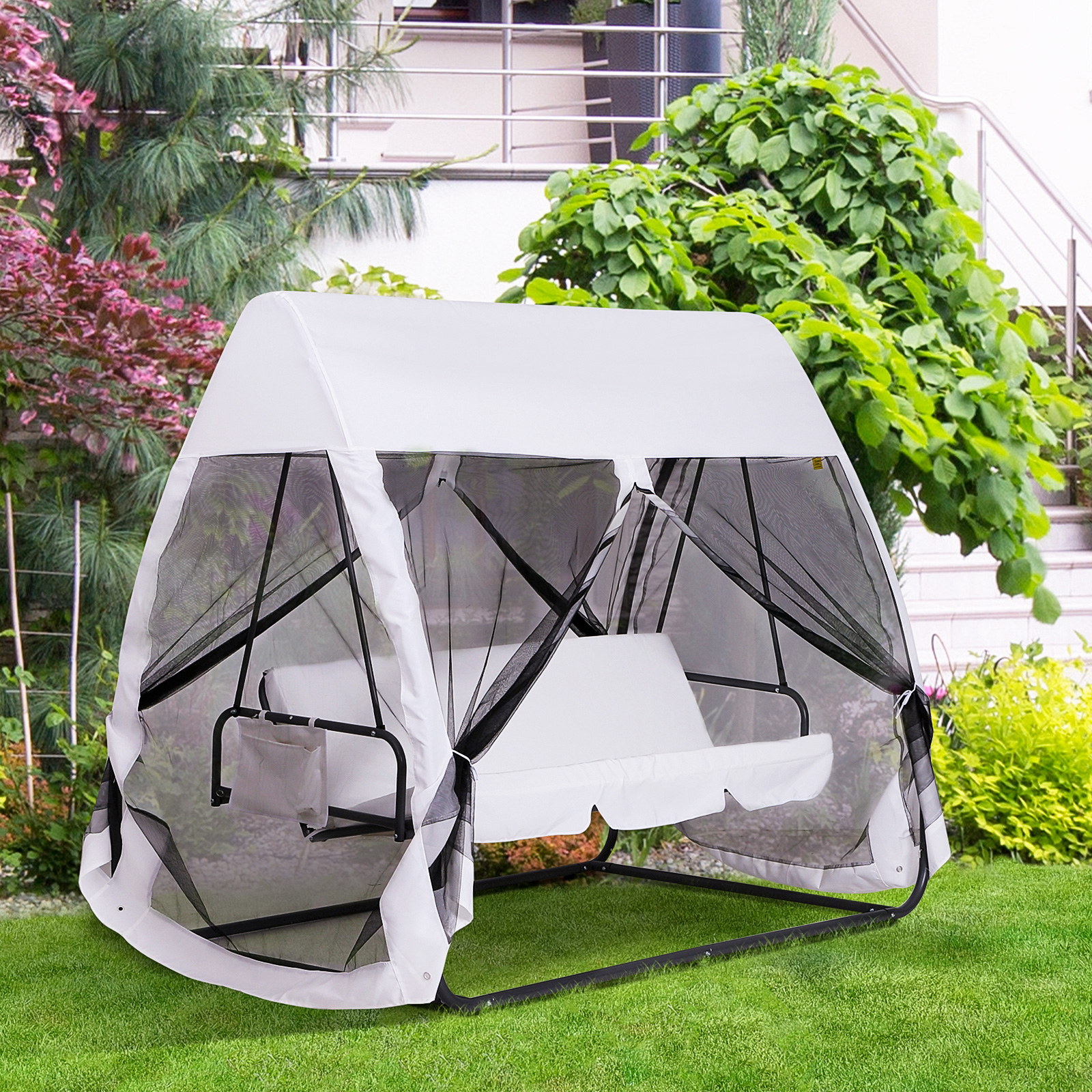 Outsunny Gartensofa Convertible 3-Sitzer Hochkomfort: Sitz- und Rückenmatratzen, zippbares integrales Moskitonetz mit Dach, Seitentasche, Metallrahmen Epoxid Polyester Weiß