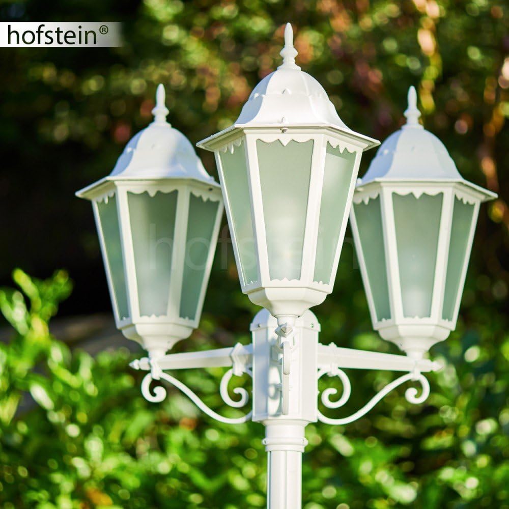 HOFSTEIN Kandelaber Hongkong, Außenwegeleuchte aus Metall/Milchglas in Weiß, Wegebeleuchtung 220 cm, 3 x E27, IP44, Wegeleuchte im Retro/Vintage-Design für Garten, Außenbereich, Hof