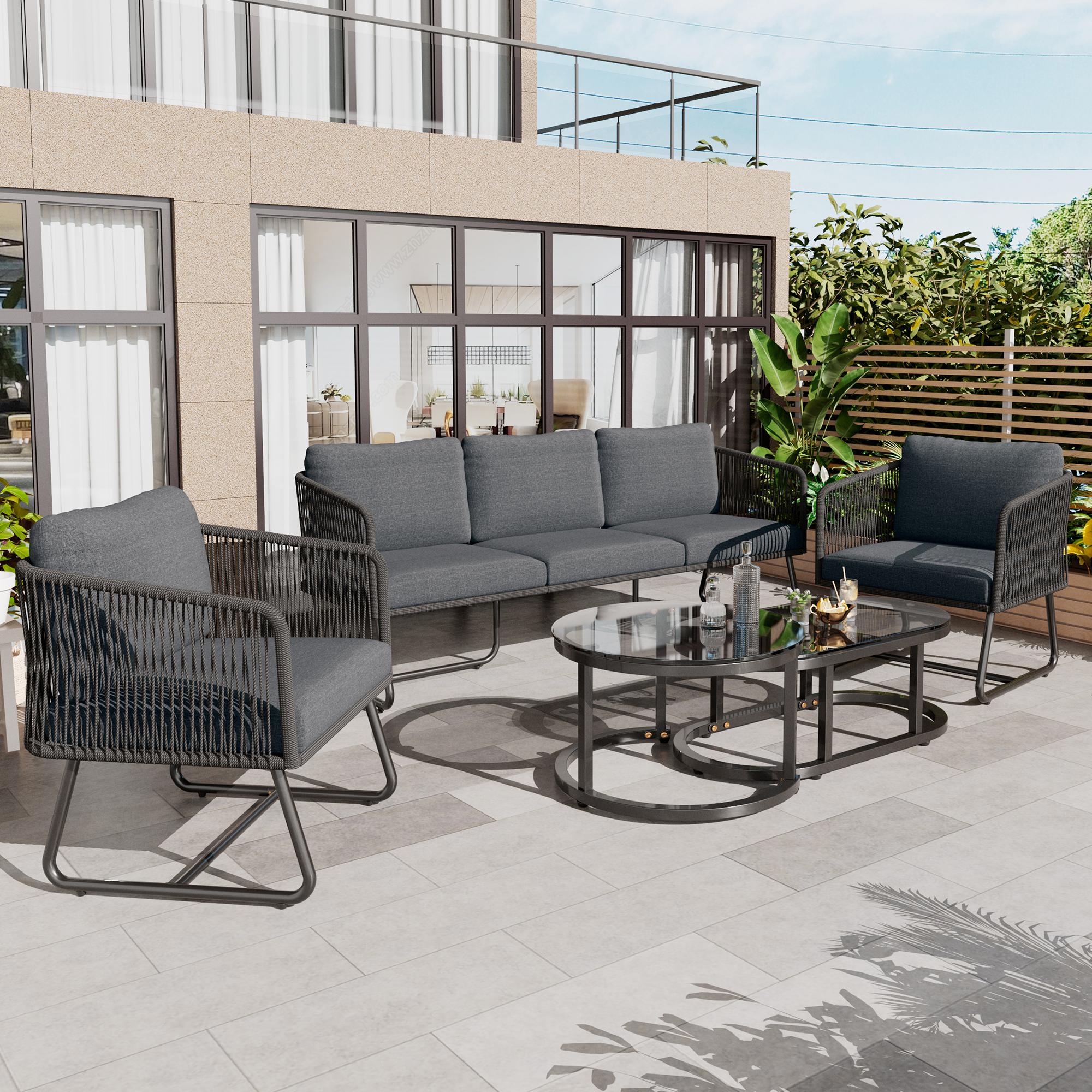 5-teiliges Garten-Lounge-Set mit Seil, verstellbare Füße, glatte Glas-Tischplatte, inklusive Sitz- und Rückenkissen, Grau