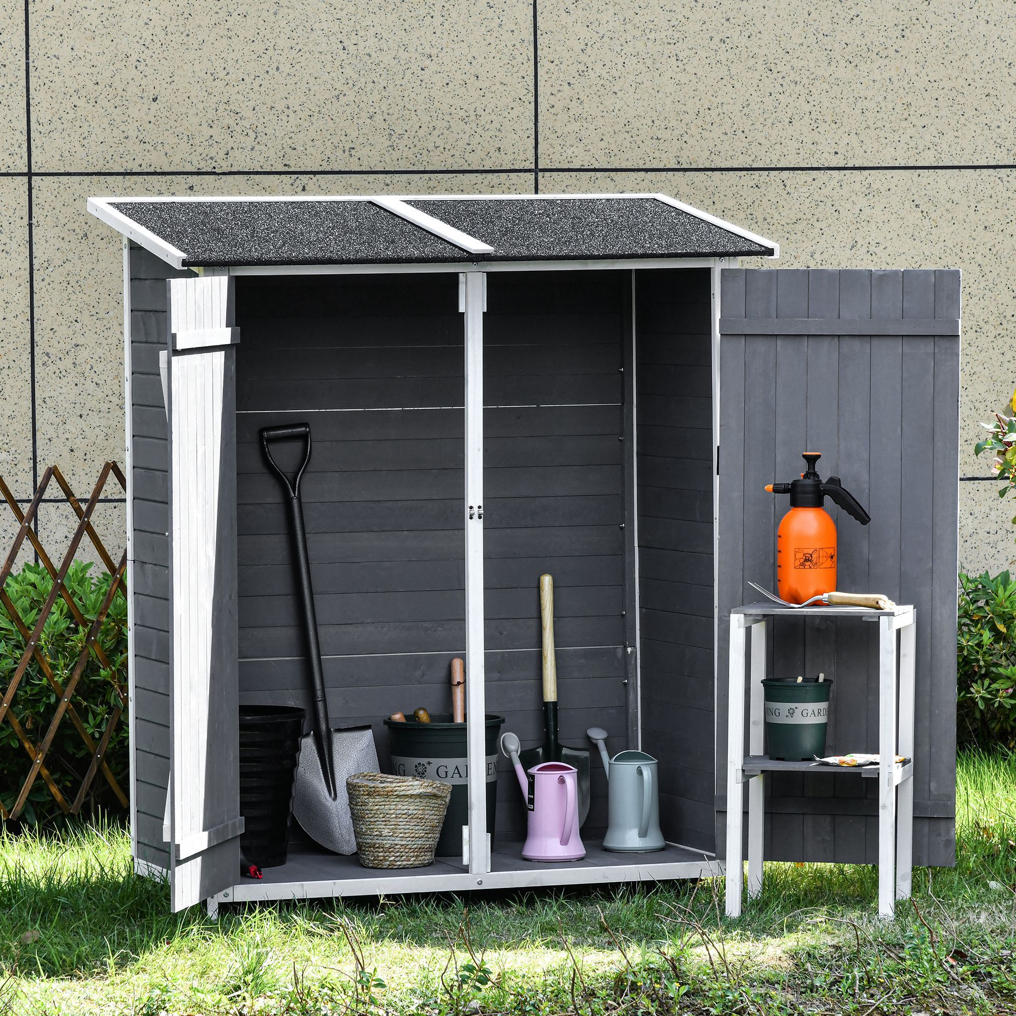 gereedschapsschuur met 2 deurs gereedschapskast met asfaltdak Tuin opbergkast anti-dumping design met grondspijkers dennenhout grijs + wit 139 x 75 x 160 cm
