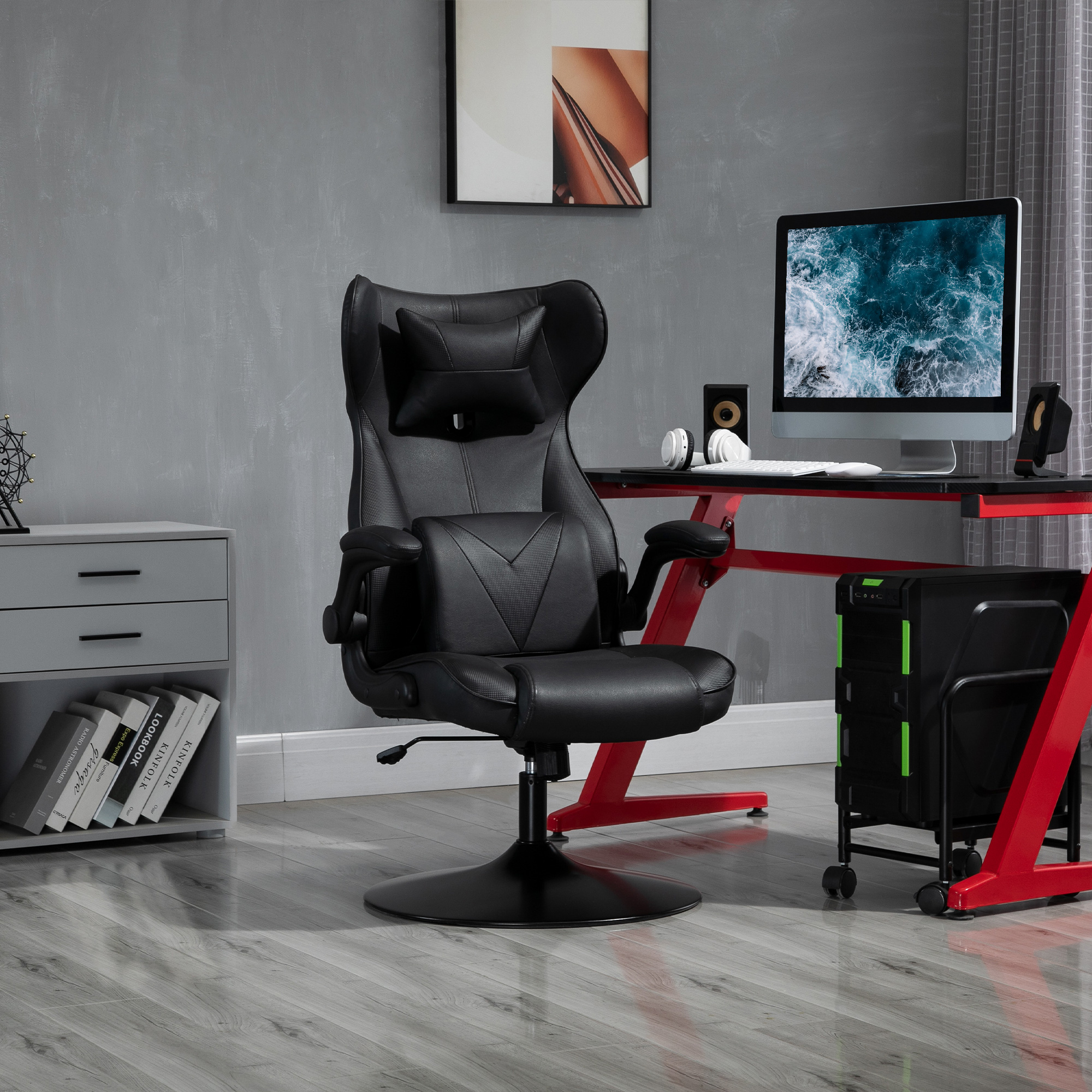 Vinsetto gamestoel ergonomische computerstoel bureaustoel bureaustoel met schommelfunctie en lendenkussen bureaustoel in hoogte verstelbaar, gepolsterde metalen zitting, zwart 67x75x112 cm