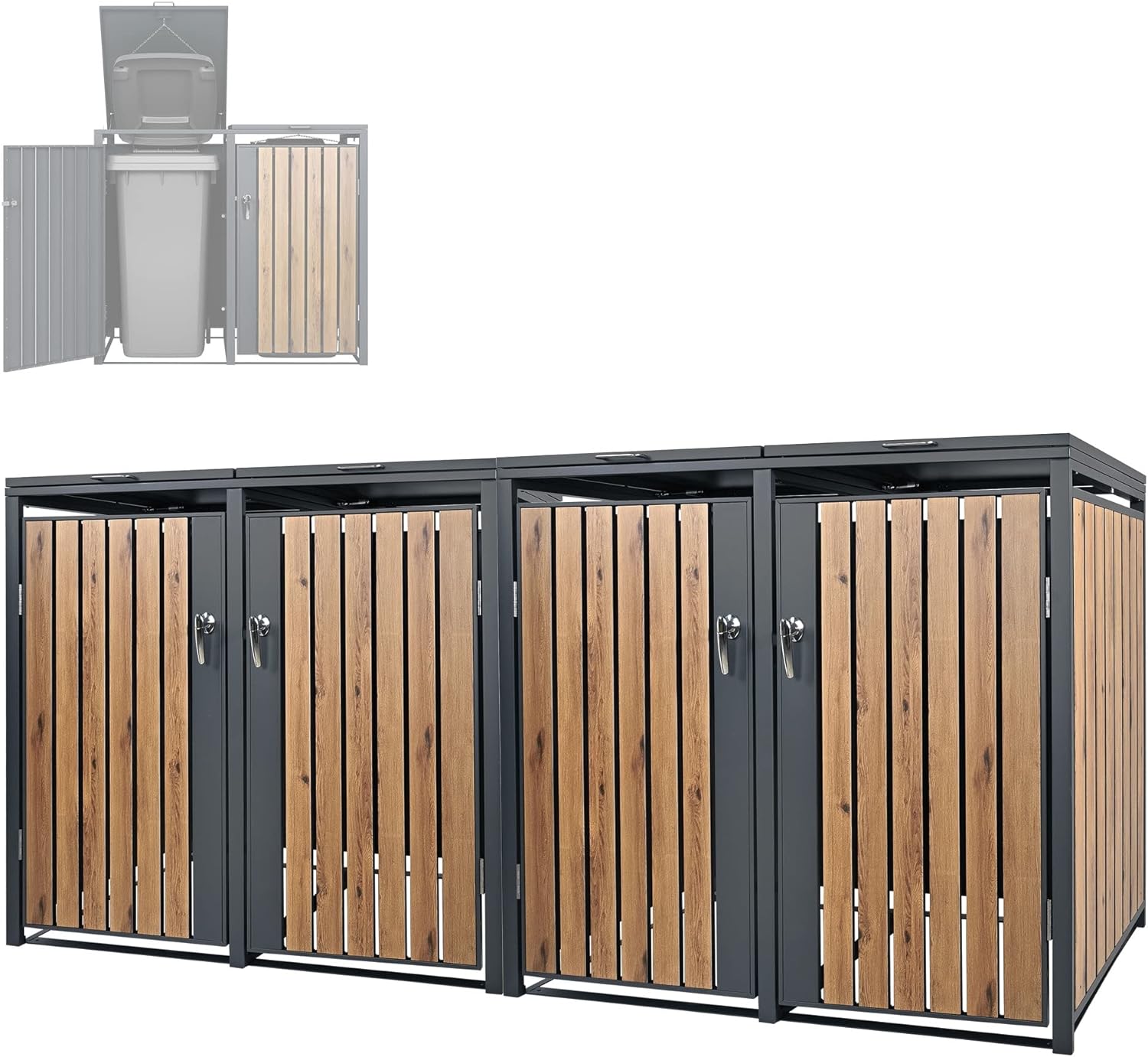 ML-Design Mülltonnenbox 4er 4 Tonnen 240L 264x80x116,3cm Anthrazit-Holzoptik, Stahl, wetterfest/abschließbar Mülltonnenverkleidung Klappdeckel/4 Türen, Müllbox Mülltonnecontainer Mülltonnenabdeckung