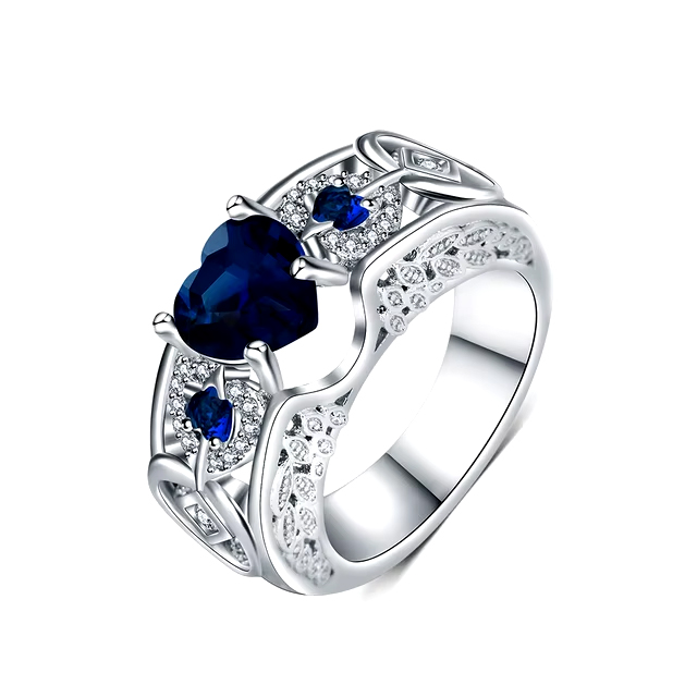 925 Sterling Silver Dark Blue Heart Design Shining CZ Crystal Ring
