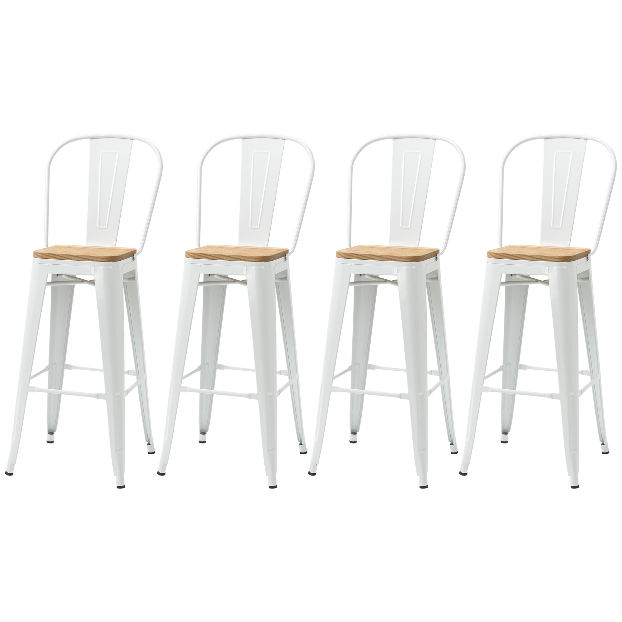 HOMCOM Set von 4 industriellen Barhockern mit Rückenlehne, Fußstütze, Sitzhöhe 76 cm, Metall in Weiß