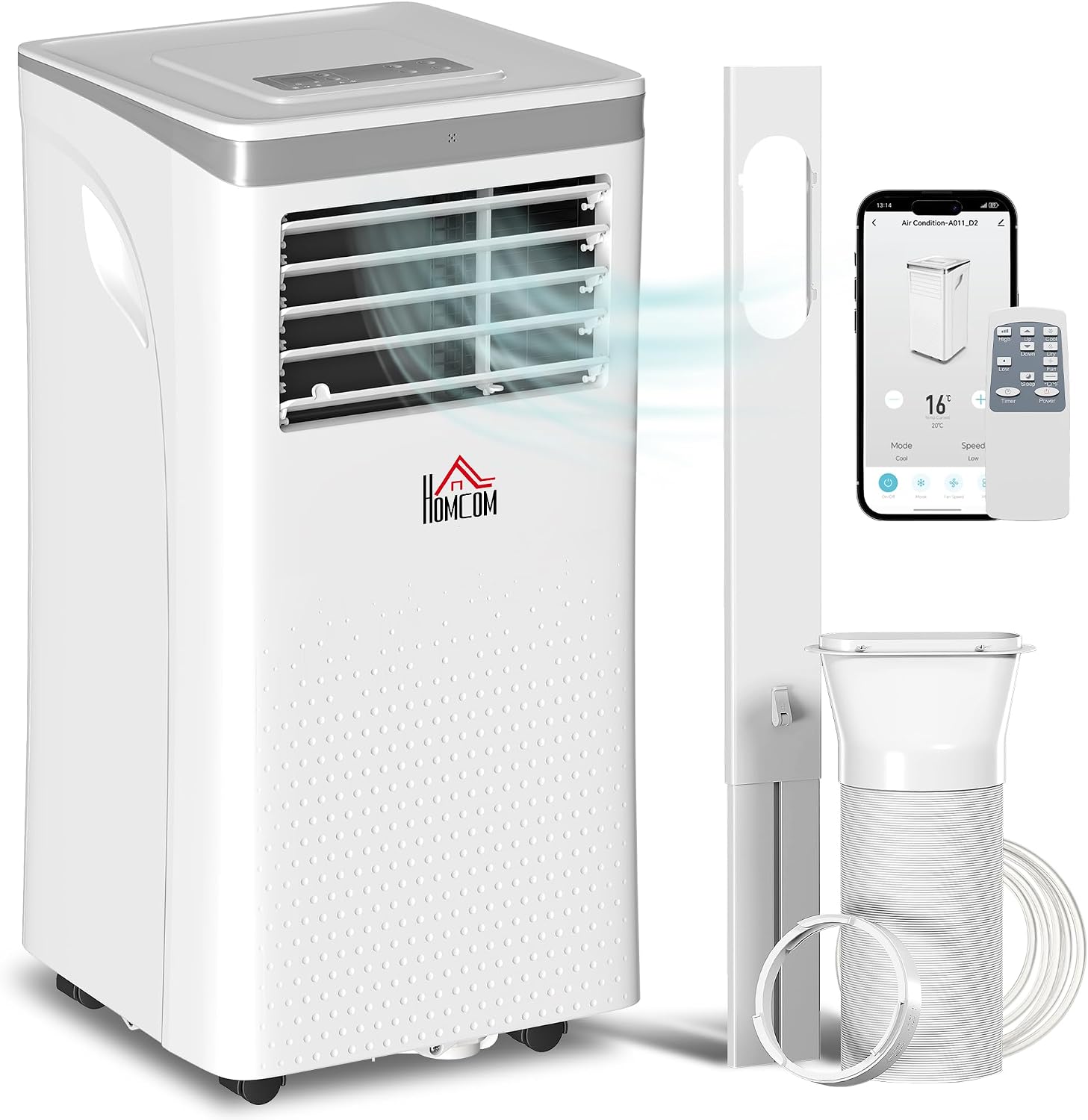 HOMCOM Condizionatore mobile 10000 BTU, climatizzatore portatile 4 in 1 raffreddamento, deumidificatore, ventilatore, modalità notturna, WiFi, App & Vocale, telecomando, timer 24H, 2 velocità, 30m²