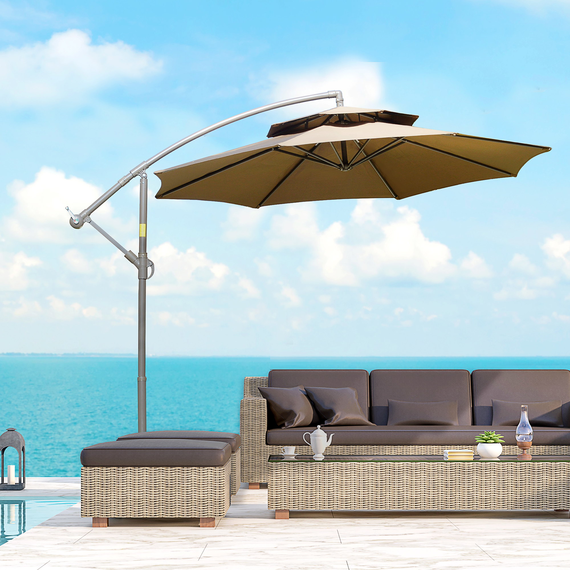 Outsunny Sonnenschirm mit doppeltem Dach, neigbar, mit Kurbel und kreuzförmigem Ständer aus Stahl und Polyester Ø 2,67 x 2,65H m braun