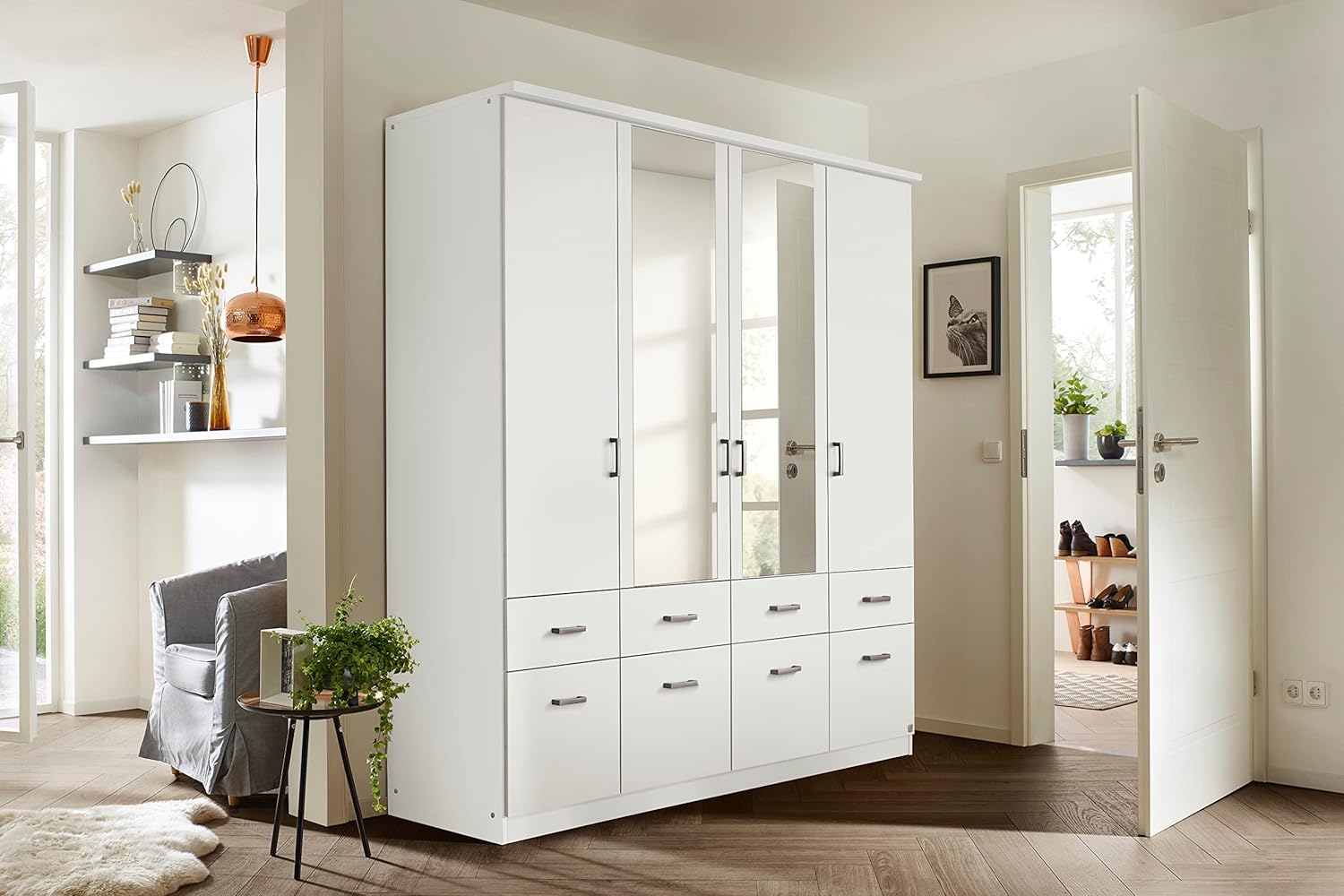 Rauch Möbel Bremen Schrank Drehtürenschrank Kleiderschrank in Weiß mit 2 Spiegeln und 8 Schubladen 4-türig, inklusive Zubehörpaket Basic 1 Kleiderstange, 4 Einlegeböden BxHxT 181x199x58 cm