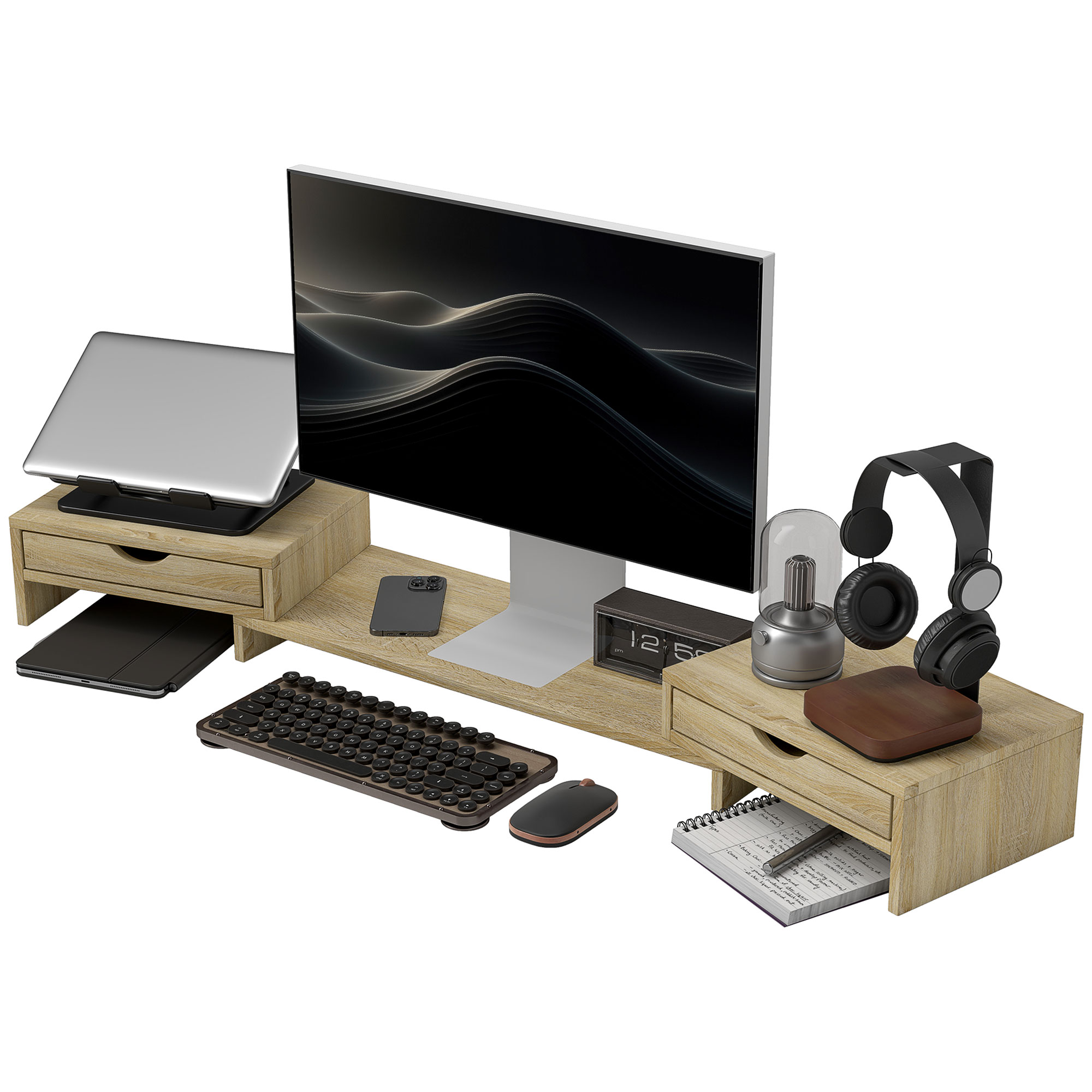 HOMCOM Monitorständer für den PC-Schreibtisch, 60-116 cm, mit 2 Schubladen, verstellbarer Länge und Winkel