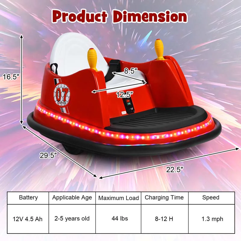 12V Toddler Bumping Car, Battery Powered Baby Ride on Bumper Car with Dual Joysticks, Flashing LED Light & 360 Degree Spin