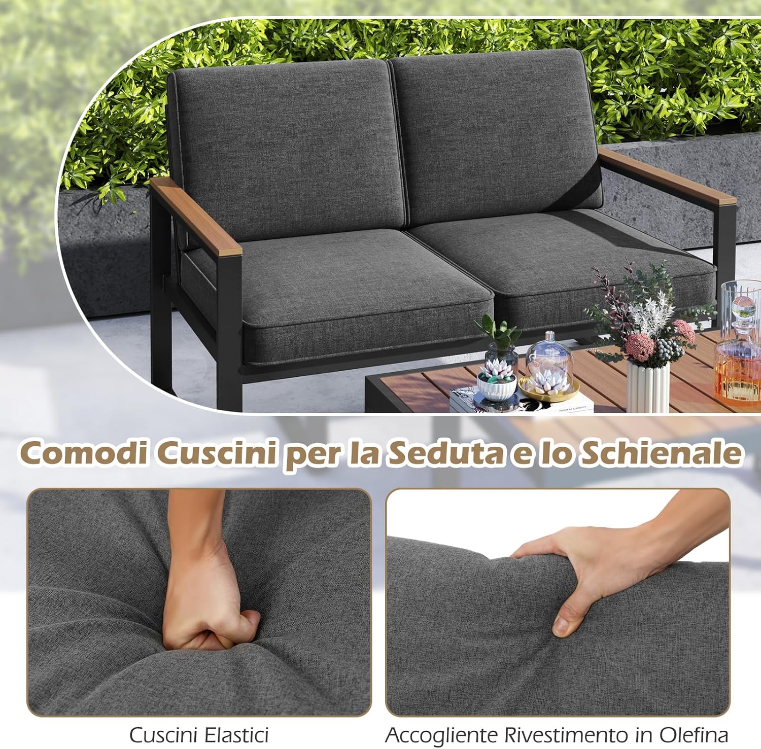COSTWAY 2 Piece Aluminium Garden Set Garden Table and Armchair Set, Outdoor Conversation Set, Padded Sectional Sofa with Coffee Table, Patio Balcony