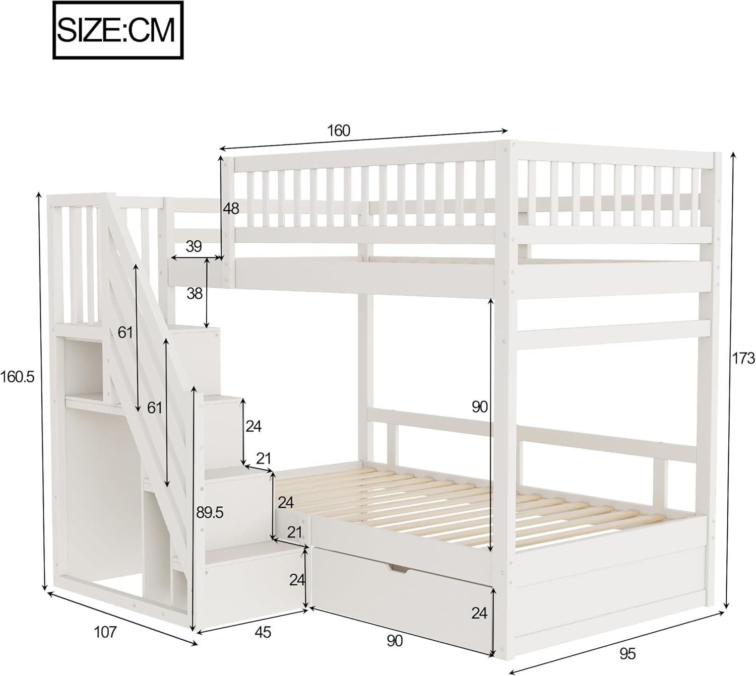 Kinderbett Etagenbett 90x200 Für 2 Kinder, Hochbett mit Treppe&Aufbewahrungsschrank&Schublade, Massivholz Funktionsbett Stockbett Jugendhochbett mit 2xLattenrost & Rausfallschutz, Ohne Matratze, Weiß
