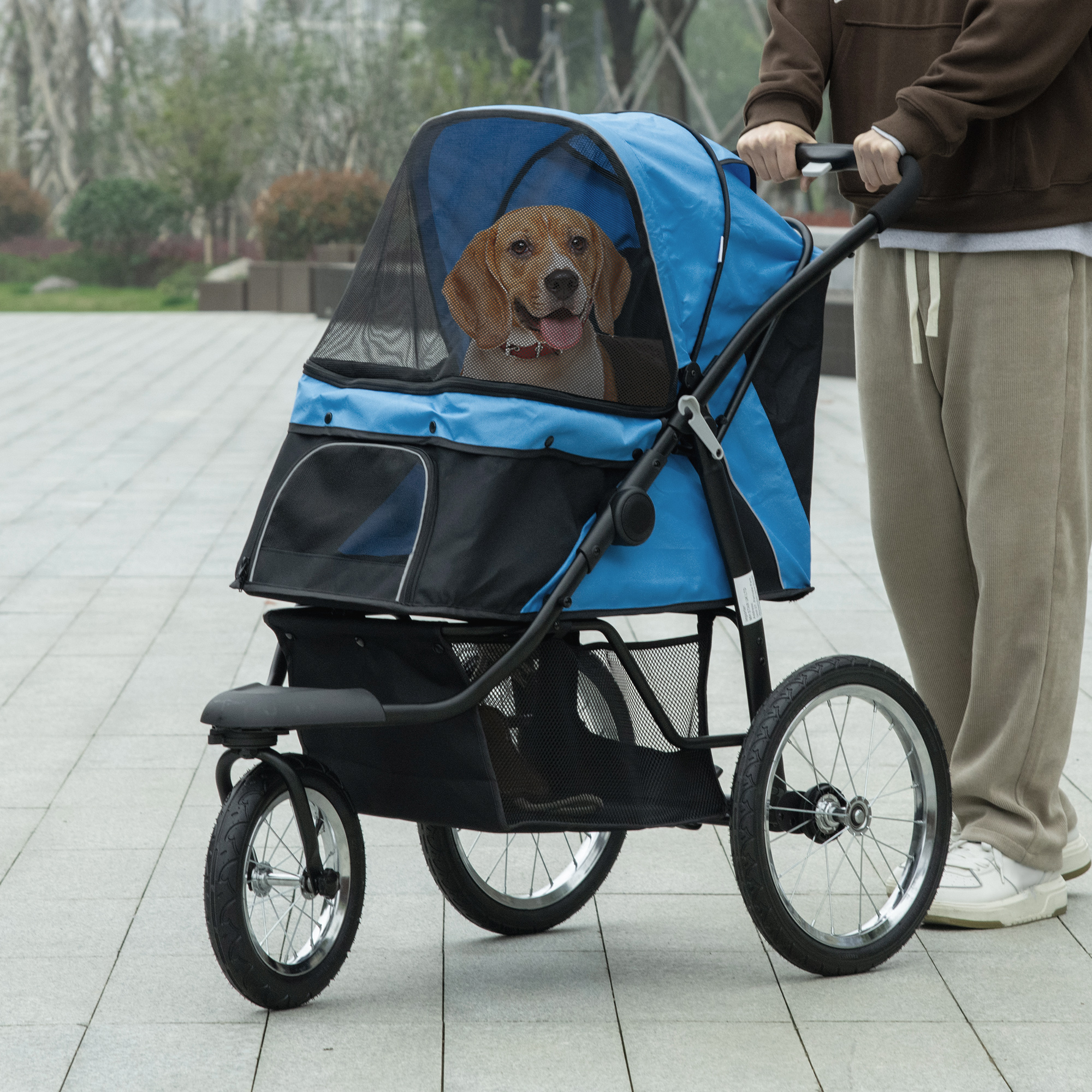 PawHut hondenkinderwagen, opvouwbaar, zonnescherm, gaasvenster, opbergmand, blauw, 111 x 58 x 107 cm
