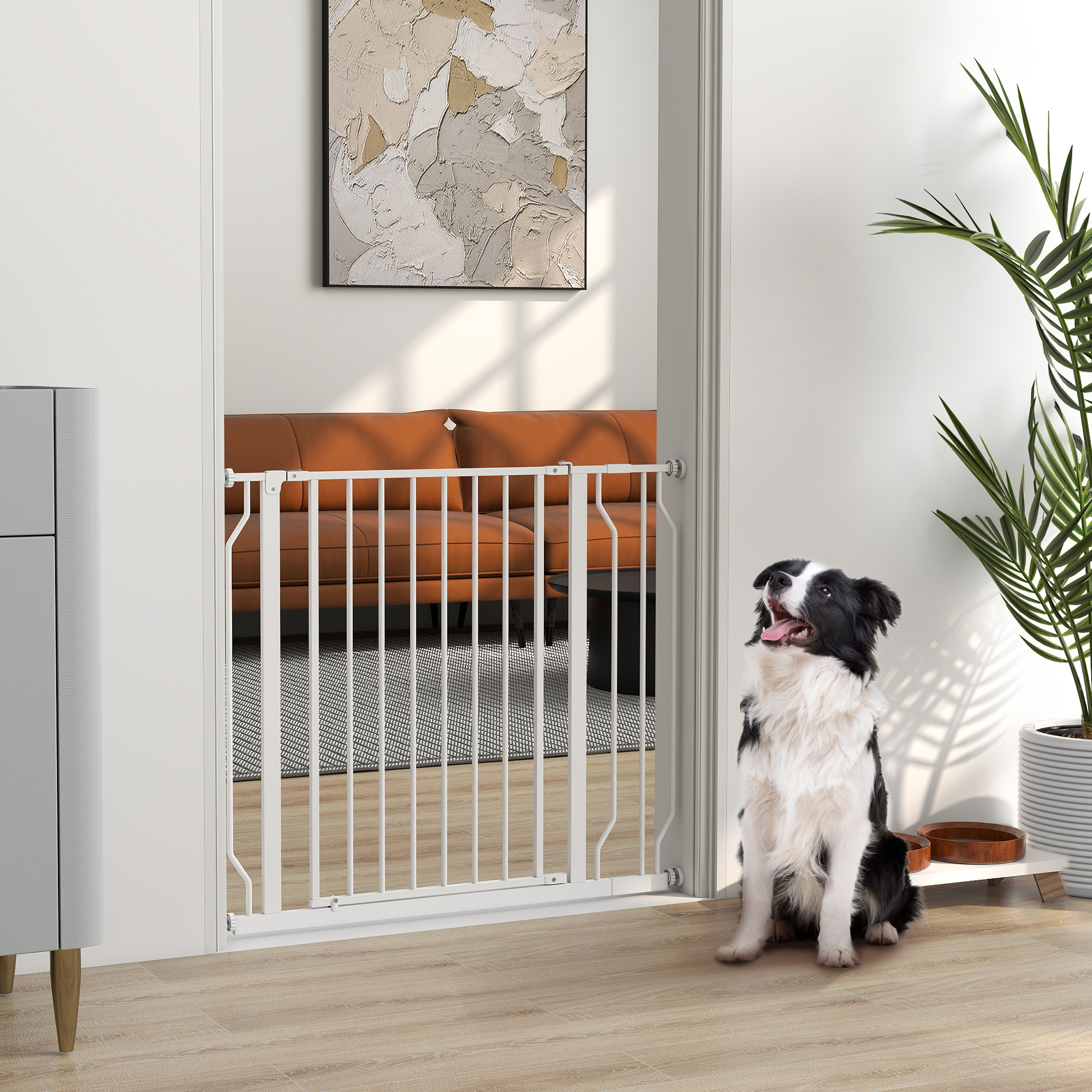 PawHut Hundeschutzgitter, Absperrgitter, Zwei-Wege-Öffnung, Wandhalterung mit Druckknöpfen, verstellbar von 75 cm bis 95 cm, Weiß