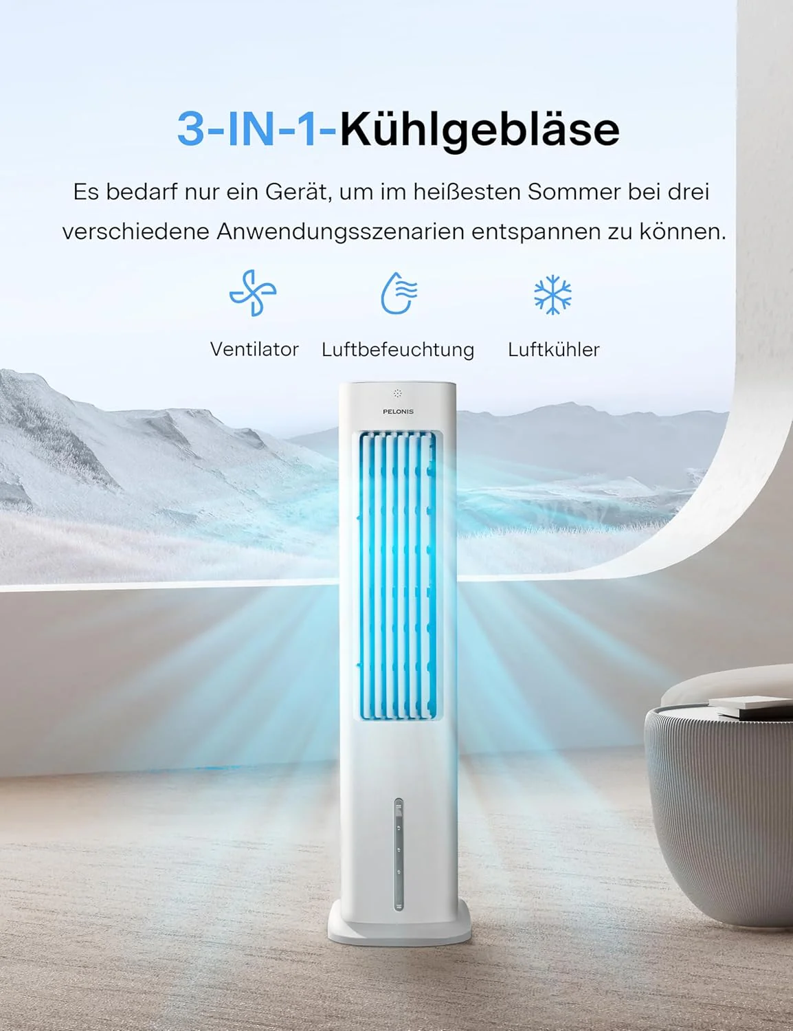 PELONIS Luchtkoeler met waterkoeling, Mobiele airconditioning, 5L Ventilator met waterkoeling, Luchtbevochtiger met afstandsbediening, 355m3/u Airconditioner zonder afvoerslang